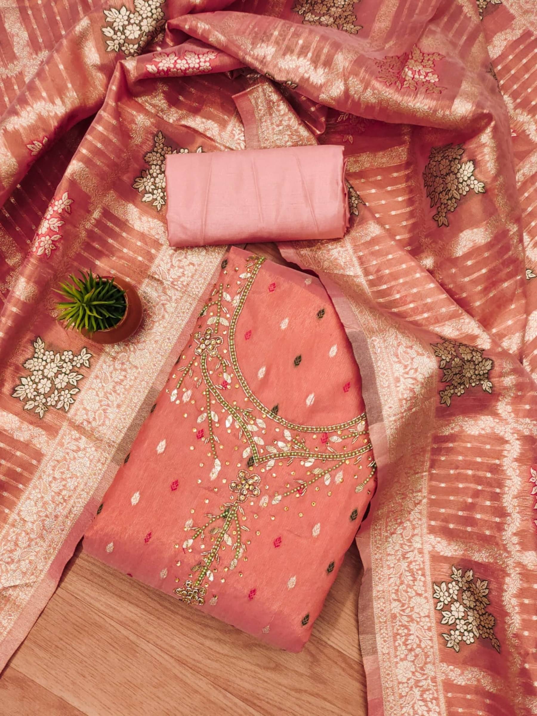 Shree Mahantam Women Jacquard Unstitched Dress Material ( Peach )     			Shree Mahantam Women Jacquard Unstitched Dress Material ( Peach )