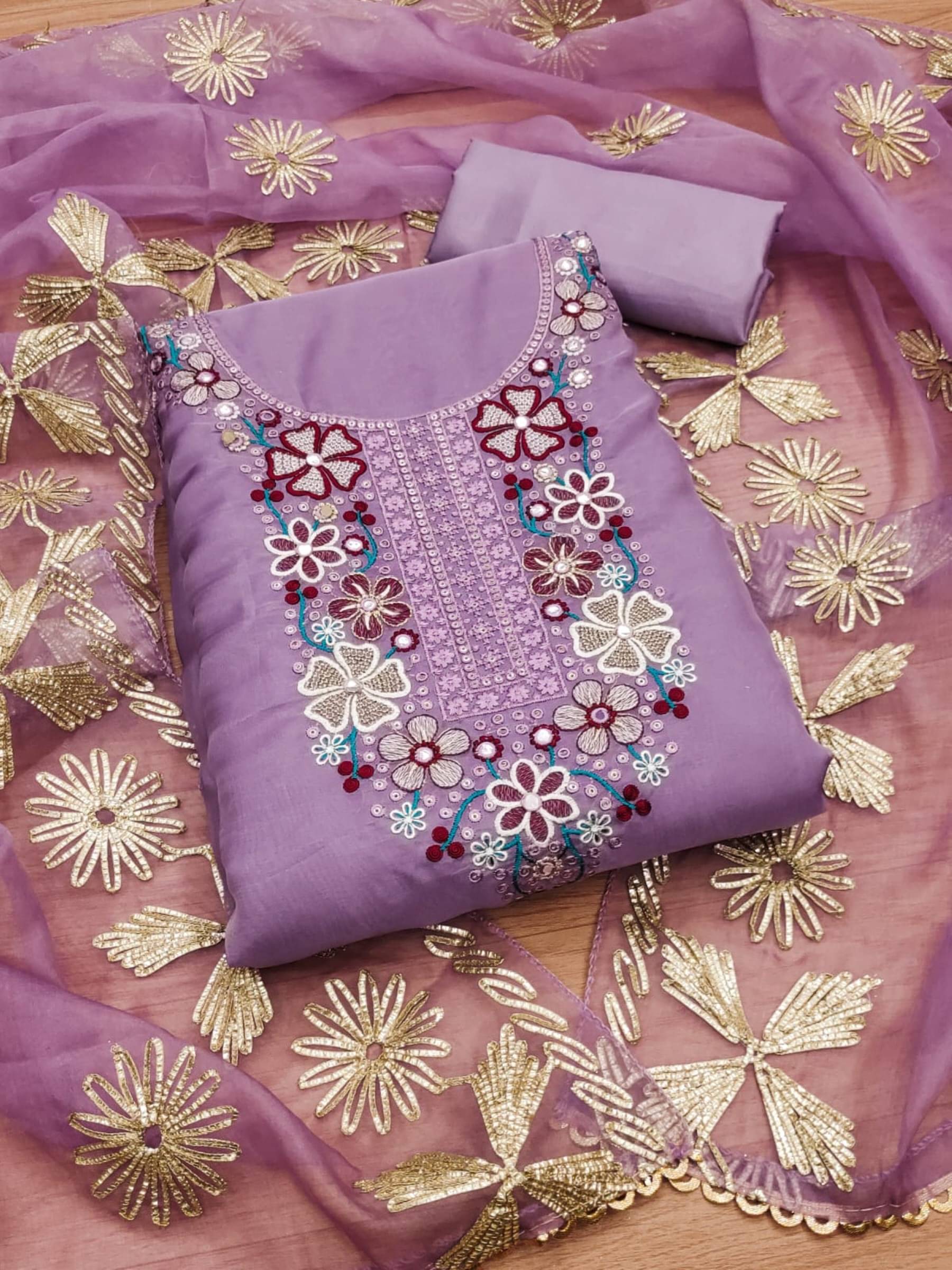 Shree Mahantam Women Organza Unstitched Dress Material ( Purple )     			Shree Mahantam Women Organza Unstitched Dress Material ( Purple )
