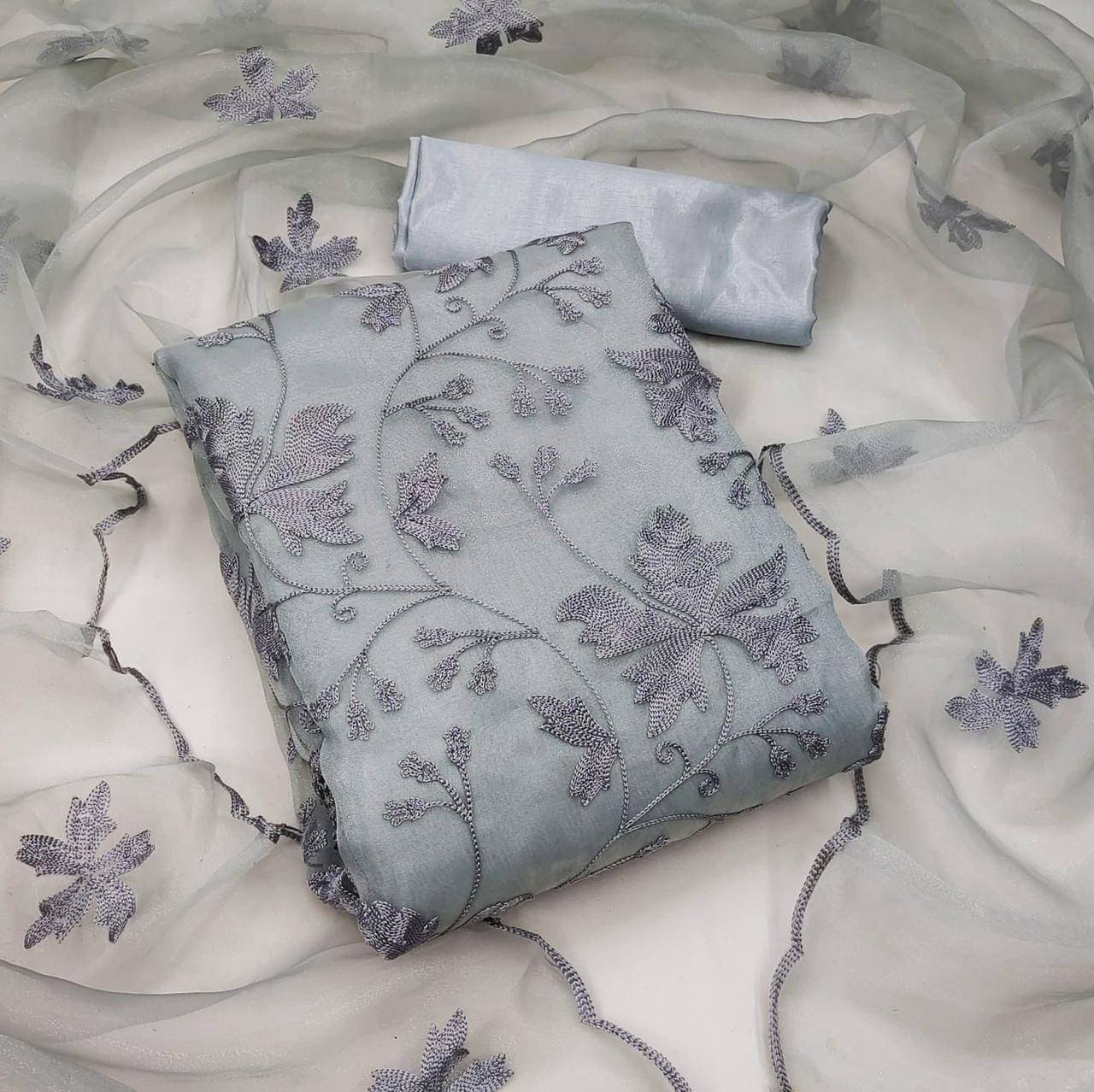 Shree Mahantam Women Organza Unstitched Dress Material ( Grey )     			Shree Mahantam Women Organza Unstitched Dress Material ( Grey )