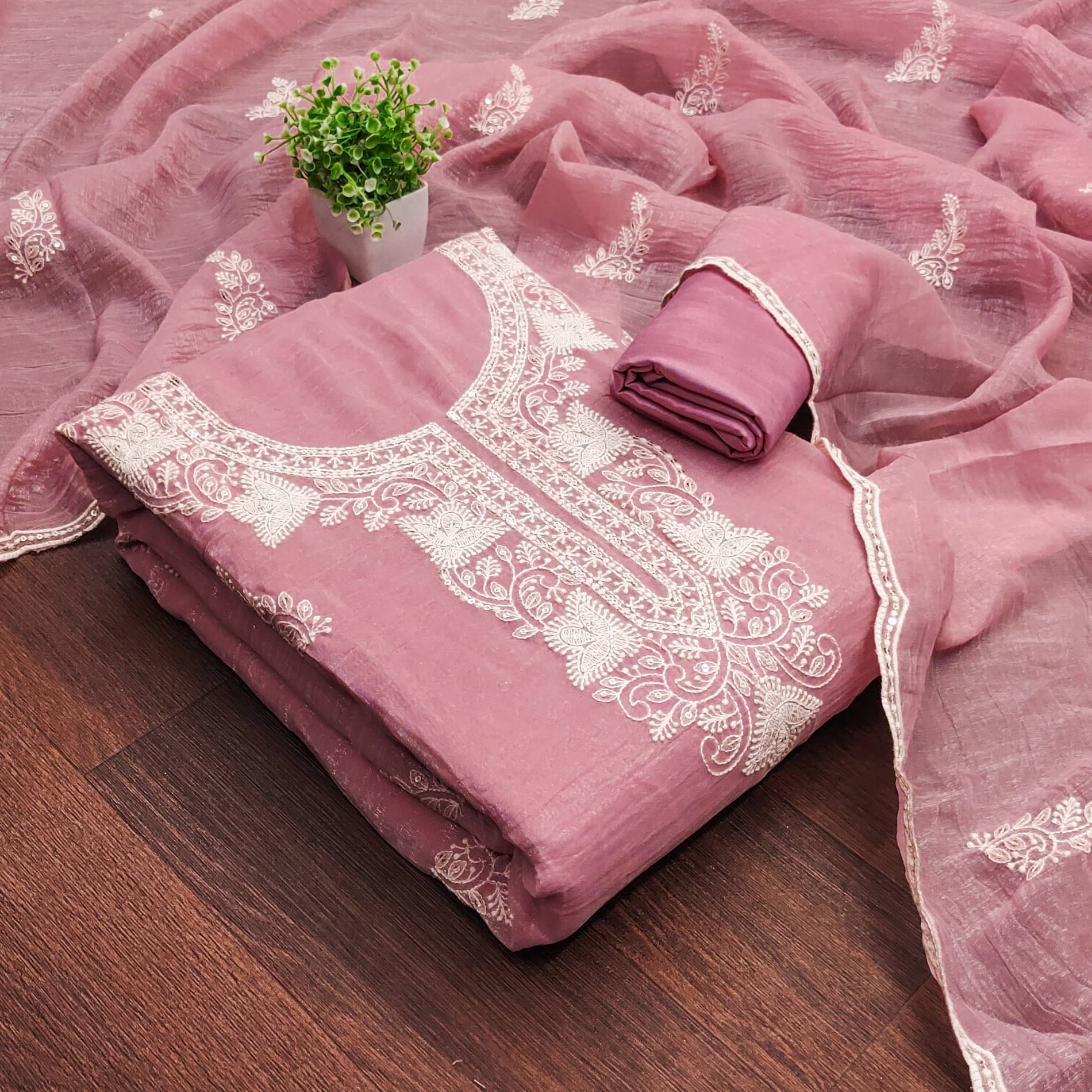 Shree Mahantam Women Organza Unstitched Dress Material ( Pink )     			Shree Mahantam Women Organza Unstitched Dress Material ( Pink )