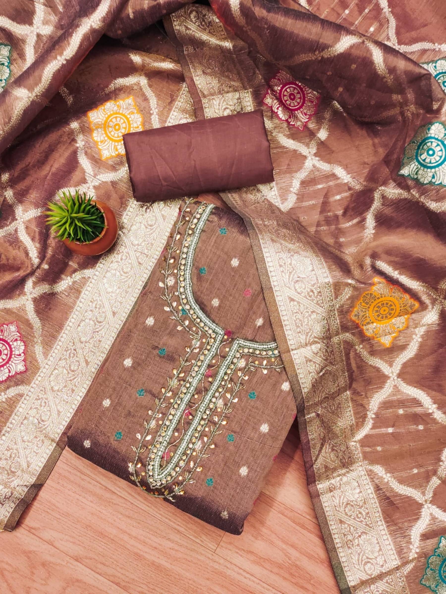 Shree Mahantam Women Organza Unstitched Dress Material ( Brown )     			Shree Mahantam Women Organza Unstitched Dress Material ( Brown )