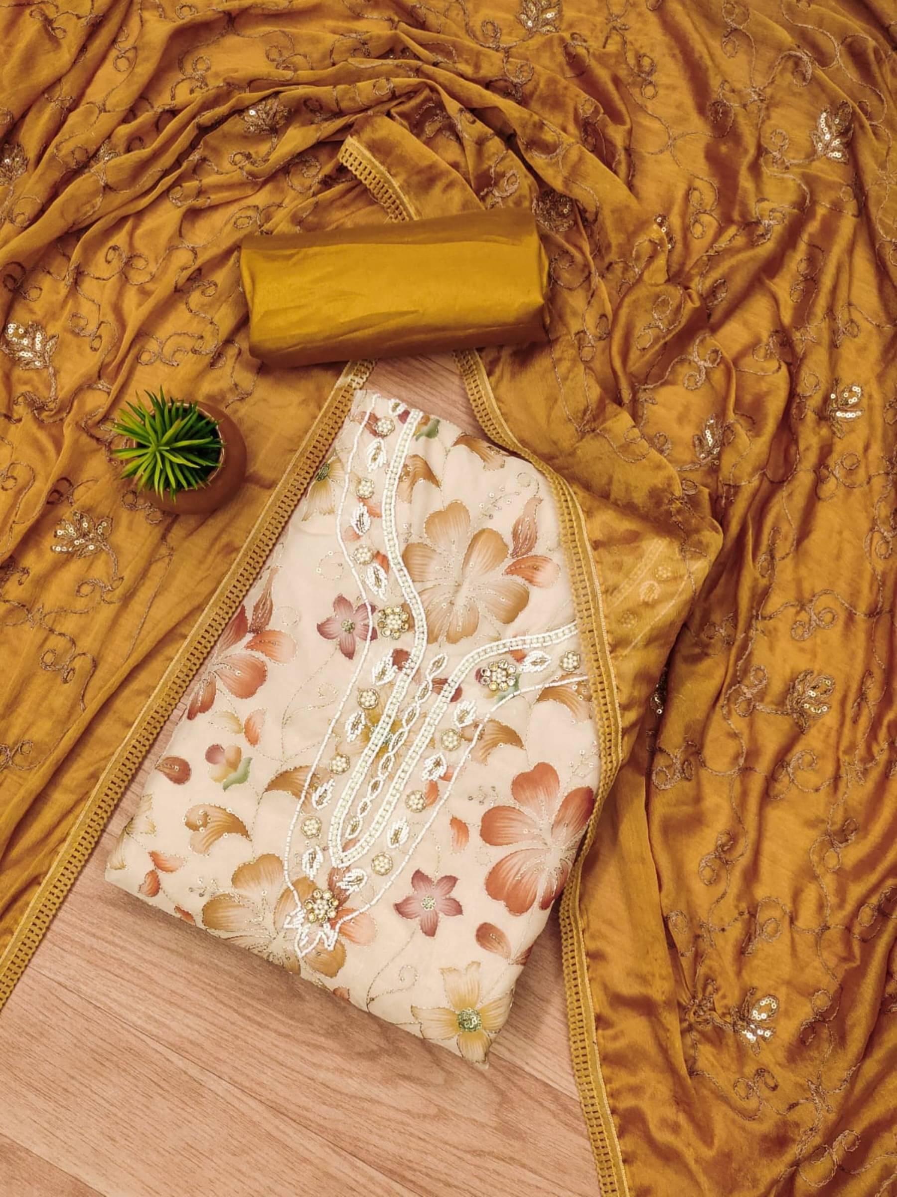 Shree Mahantam Women Organza Unstitched Dress Material ( Orange )     			Shree Mahantam Women Organza Unstitched Dress Material ( Orange )