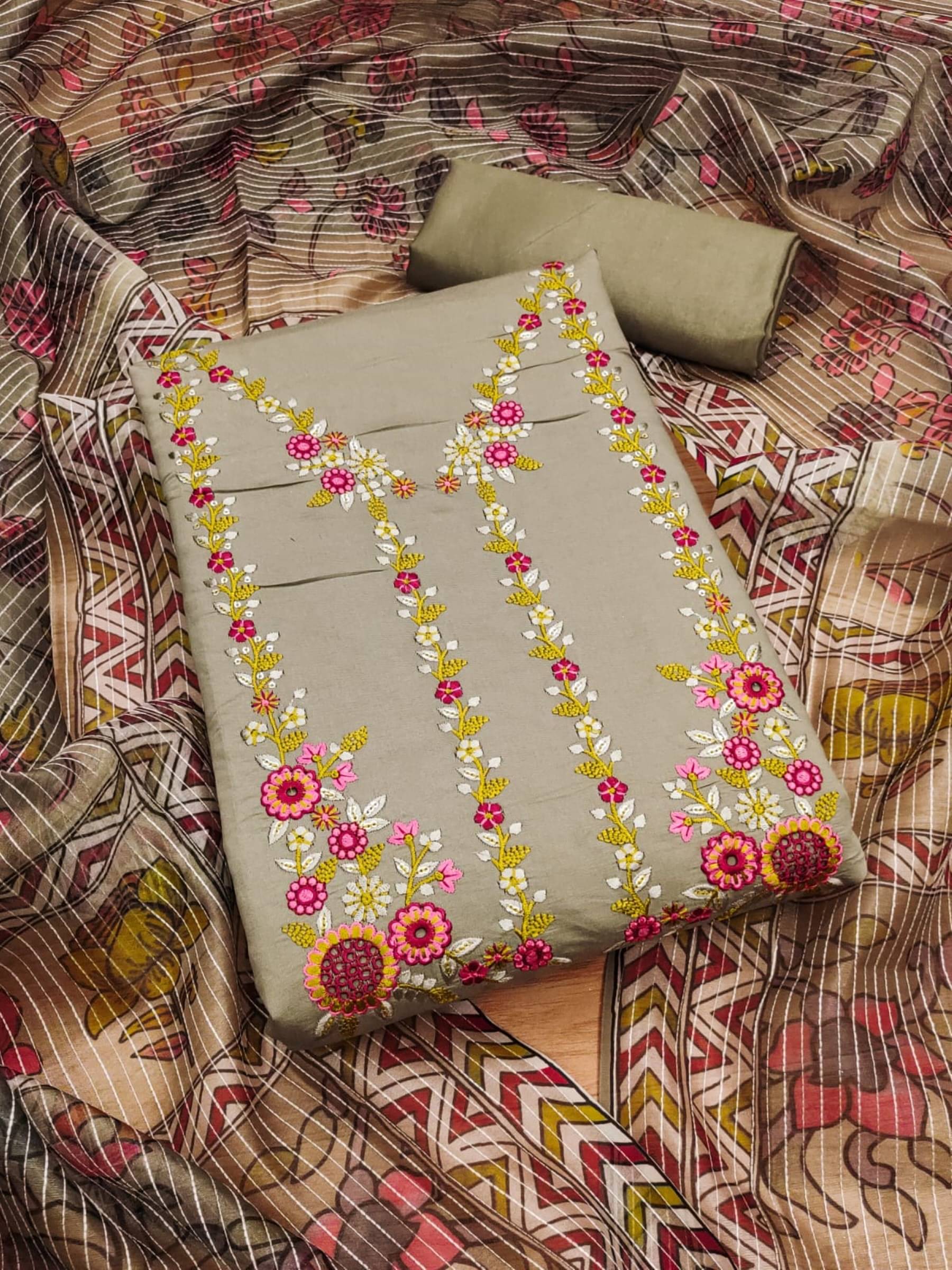 Shree Mahantam Women Silk Unstitched Dress Material ( Cream )     			Shree Mahantam Women Silk Unstitched Dress Material ( Cream )