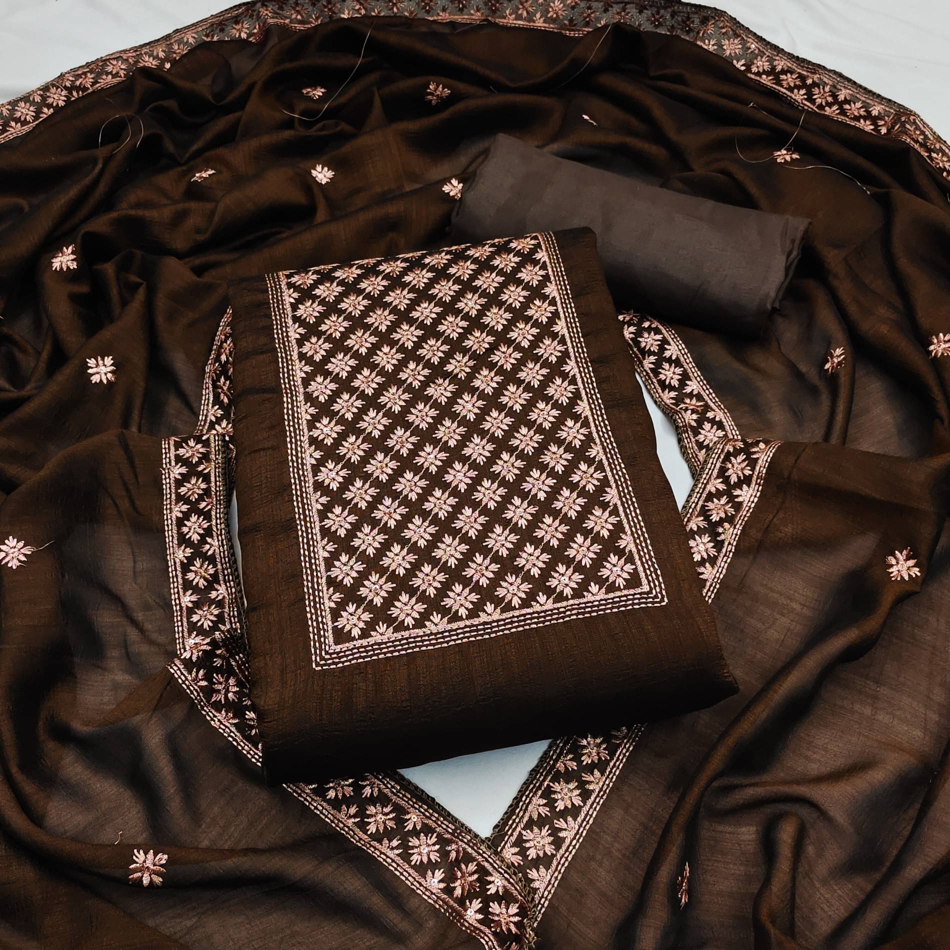 Shree Mahantam Women Silk Unstitched Dress Material ( Brown )     			Shree Mahantam Women Silk Unstitched Dress Material ( Brown )