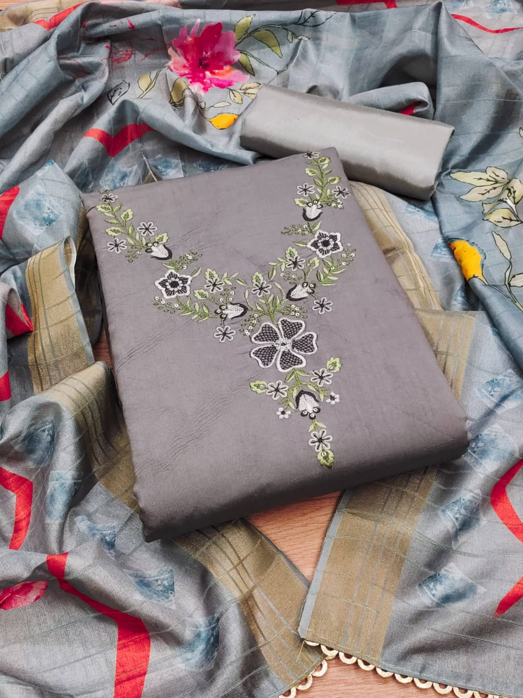     			Shree Mahantam Women Silk Unstitched Dress Material ( Grey )