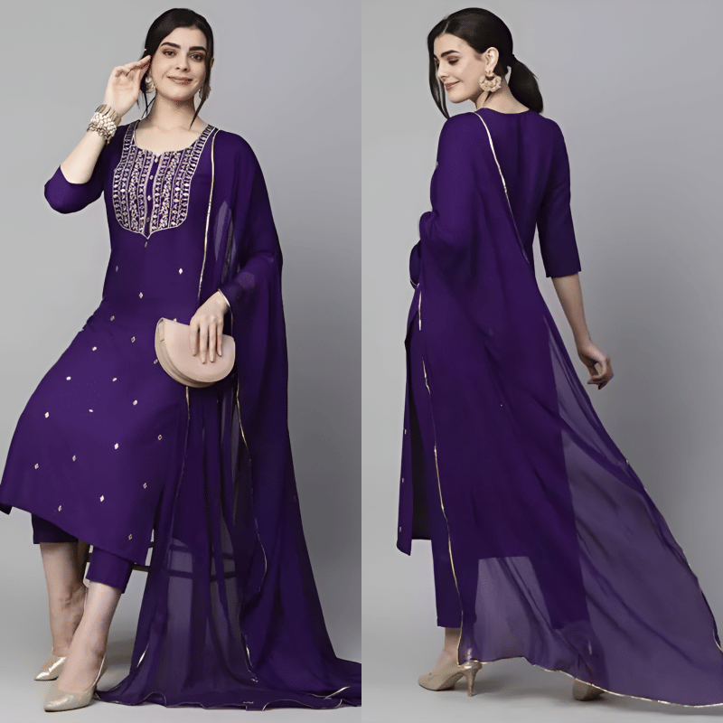     			TEXPA FASHION Women Rayon Embroidered A-line Kurti With Pants ( Purple )