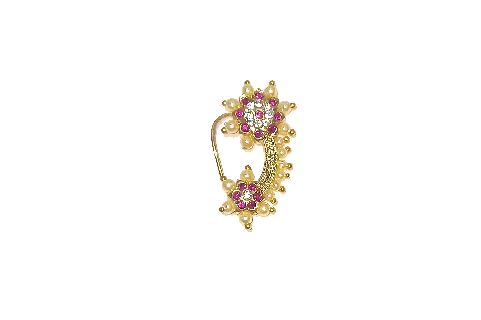 Traditional Golden Ethnic Bridal Maharashtrian Nose Ring/Nath without piercing Encased with Pearl Stone for Women Traditional Golden Ethnic Bridal Maharashtrian Nose Ring/Nath without piercing Encased with Pearl Stone for Women