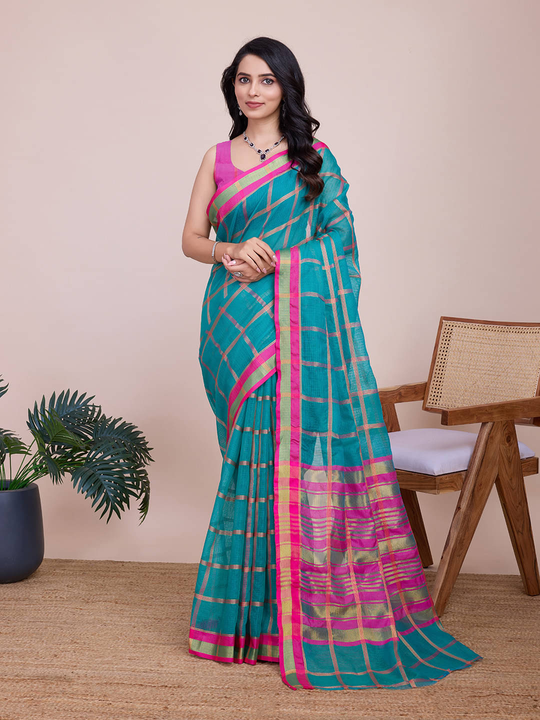 Varni Fabrics Art Silk Checks Regular Saree With Unstitched Blouse Piece ( Teal ) Varni Fabrics Art Silk Checks Regular Saree With Unstitched Blouse Piece ( Teal )