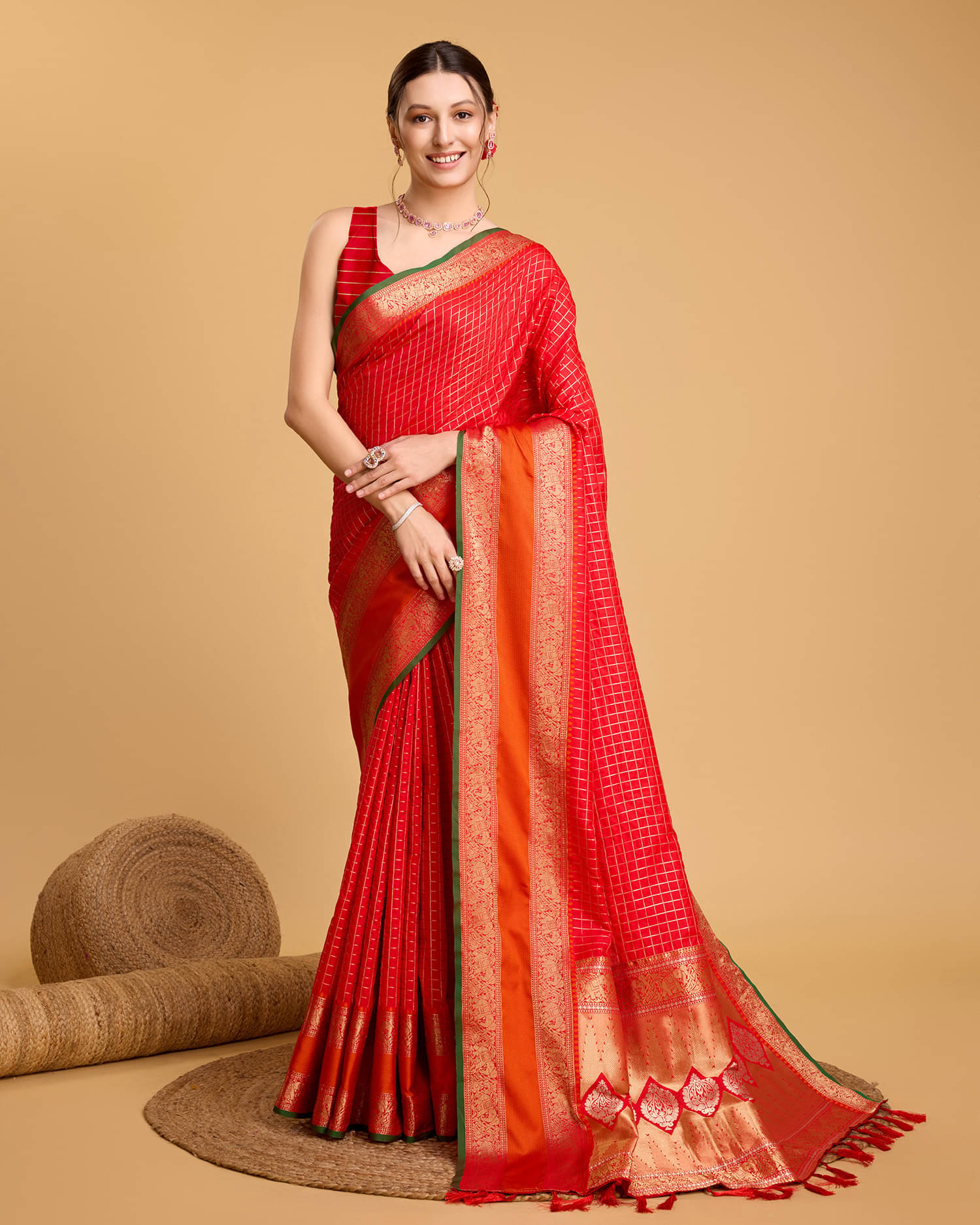 Varni Fabrics Art Silk Checks Regular Saree With Unstitched Blouse Piece ( Red ) Varni Fabrics Art Silk Checks Regular Saree With Unstitched Blouse Piece ( Red )