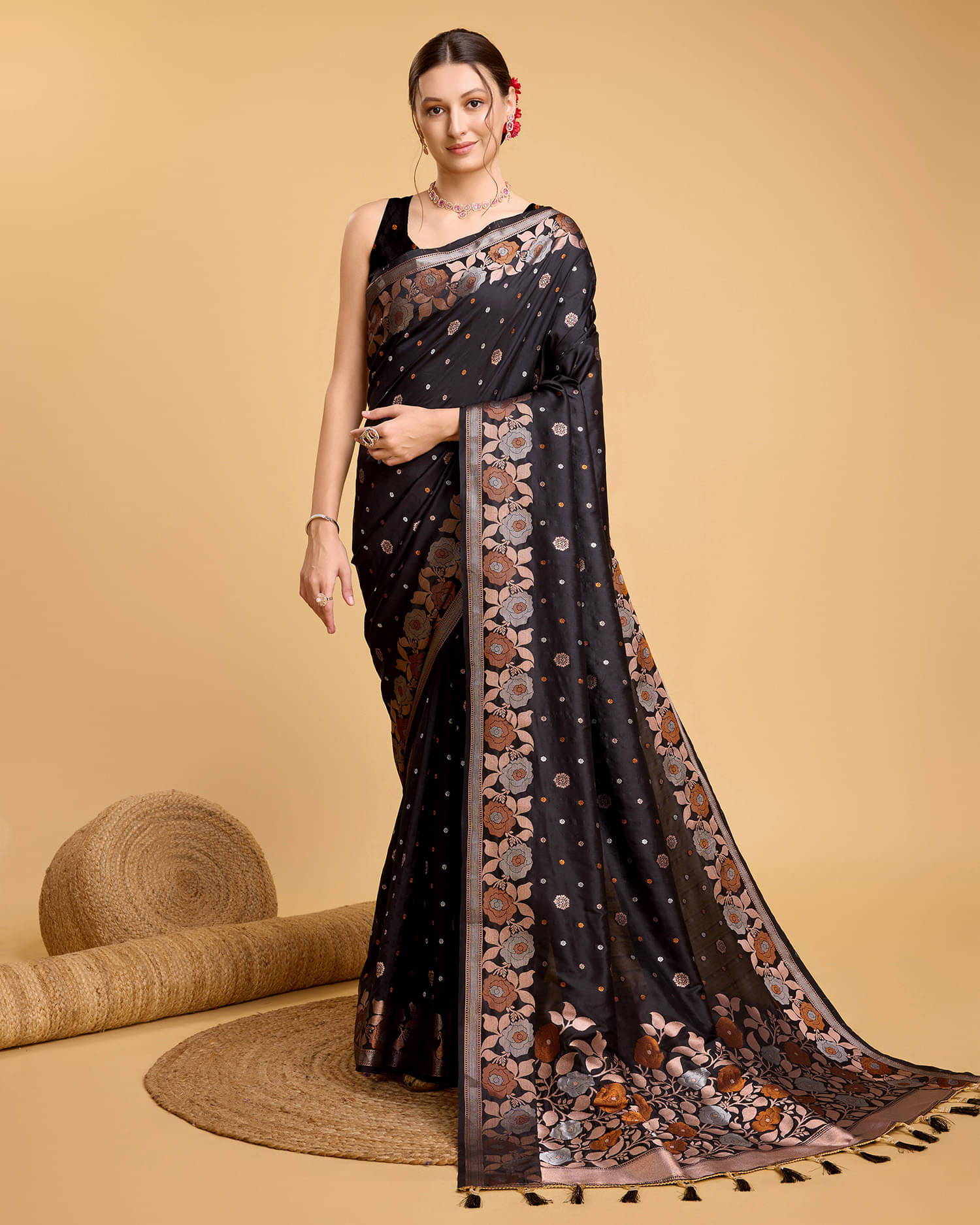     			Varni Fabrics Art Silk Printed Banarasi saree With Unstitched Blouse Piece ( Black )