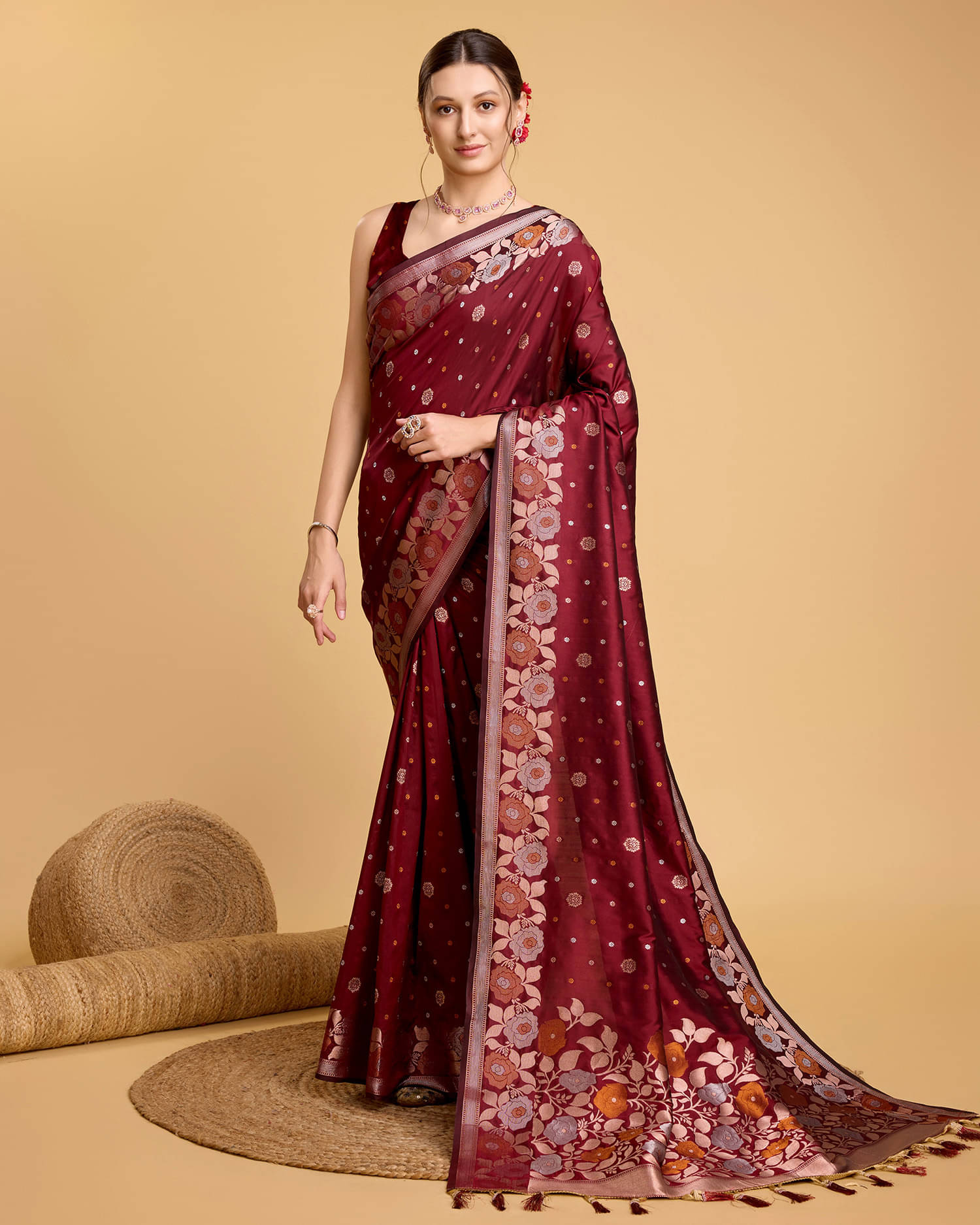 Varni Fabrics Art Silk Printed Banarasi saree With Unstitched Blouse Piece ( Maroon ) Varni Fabrics Art Silk Printed Banarasi saree With Unstitched Blouse Piece ( Maroon )