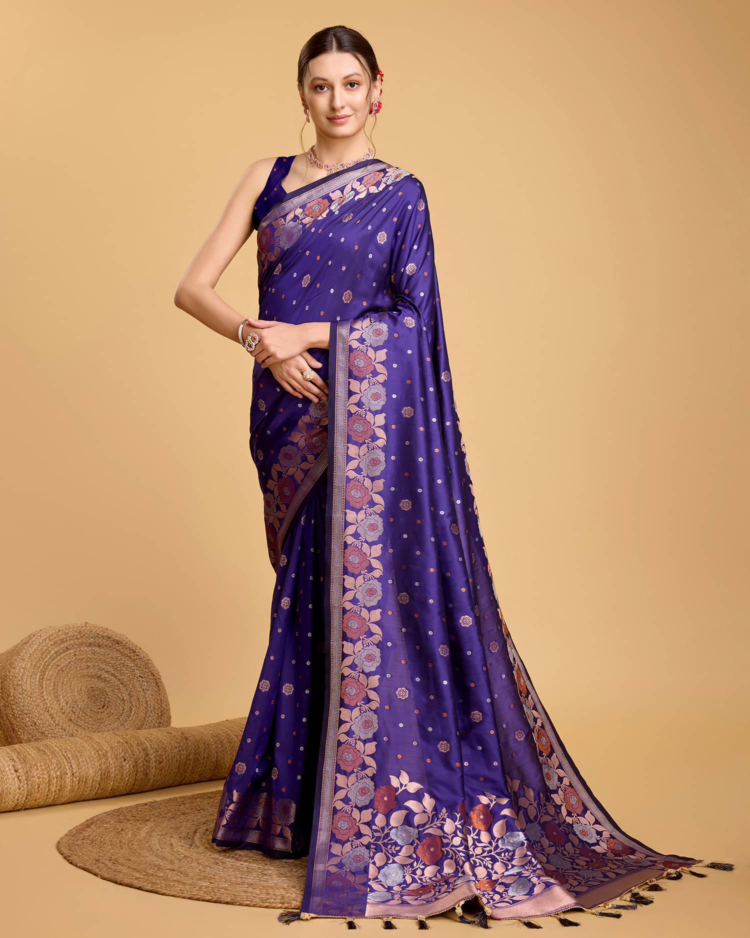     			Varni Fabrics Art Silk Printed Banarasi saree With Unstitched Blouse Piece ( Purple )