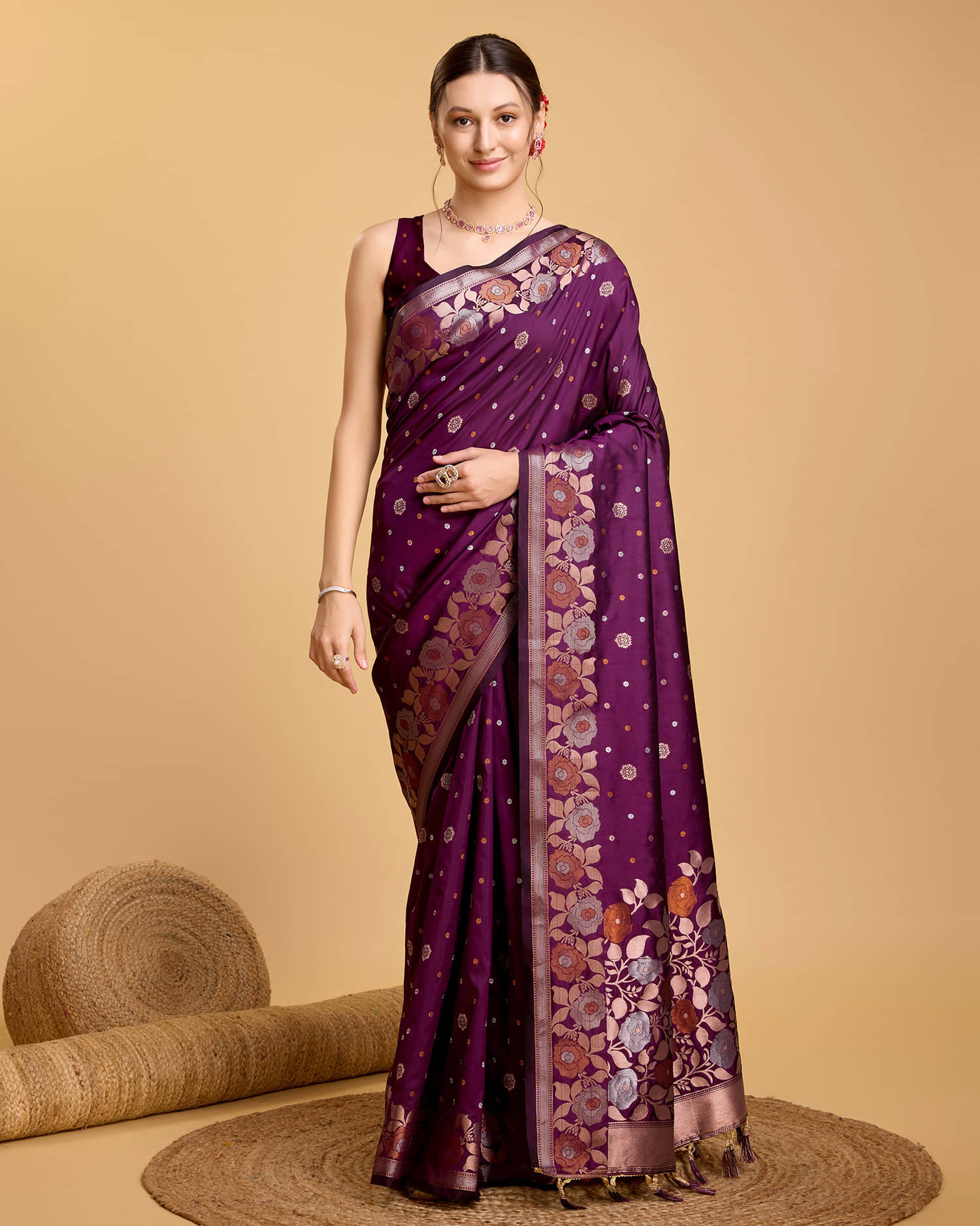 Varni Fabrics Art Silk Printed Banarasi saree With Unstitched Blouse Piece ( Purple ) Varni Fabrics Art Silk Printed Banarasi saree With Unstitched Blouse Piece ( Purple )
