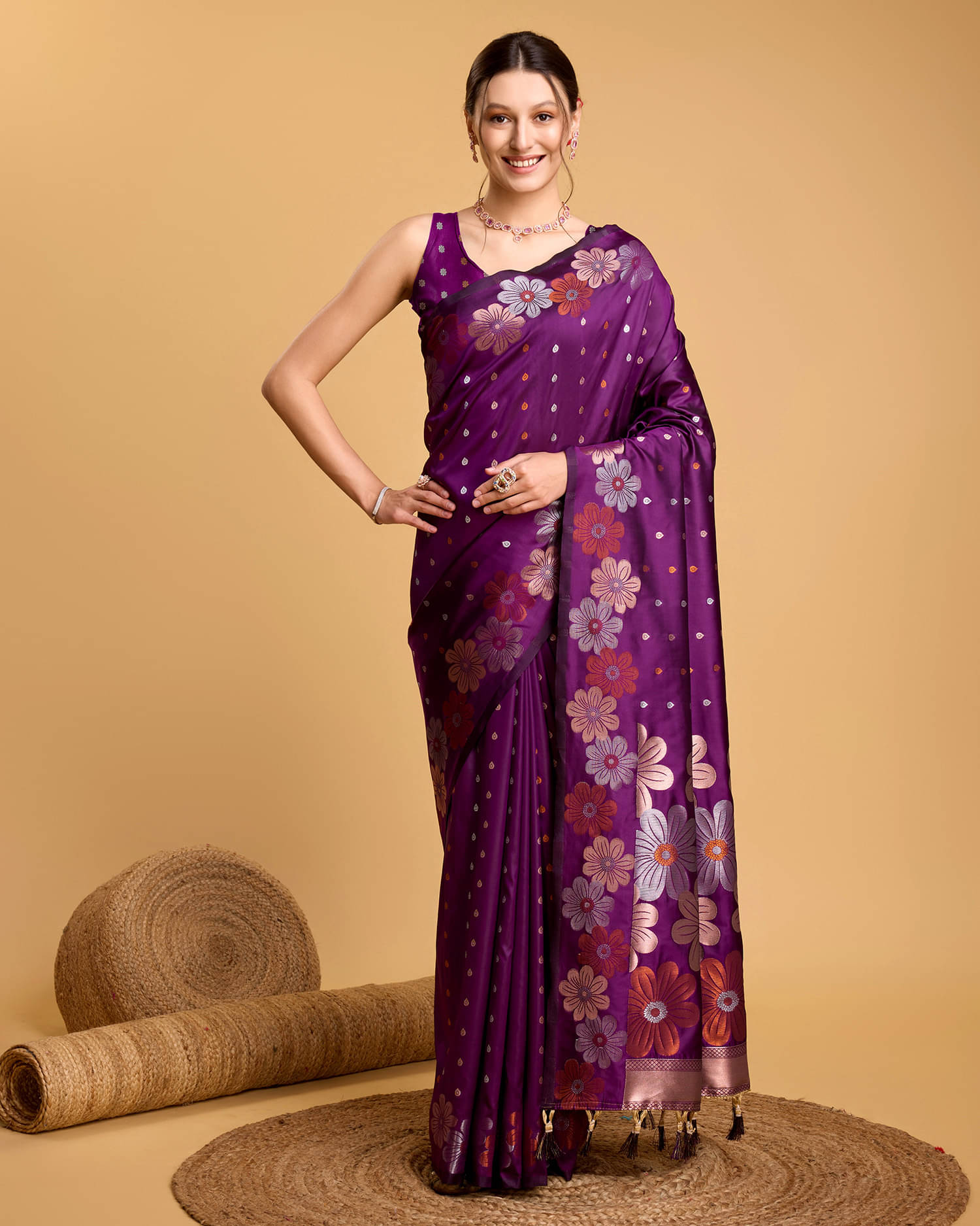 Varni Fabrics Art Silk Printed Banarasi saree With Unstitched Blouse Piece ( Purple ) Varni Fabrics Art Silk Printed Banarasi saree With Unstitched Blouse Piece ( Purple )