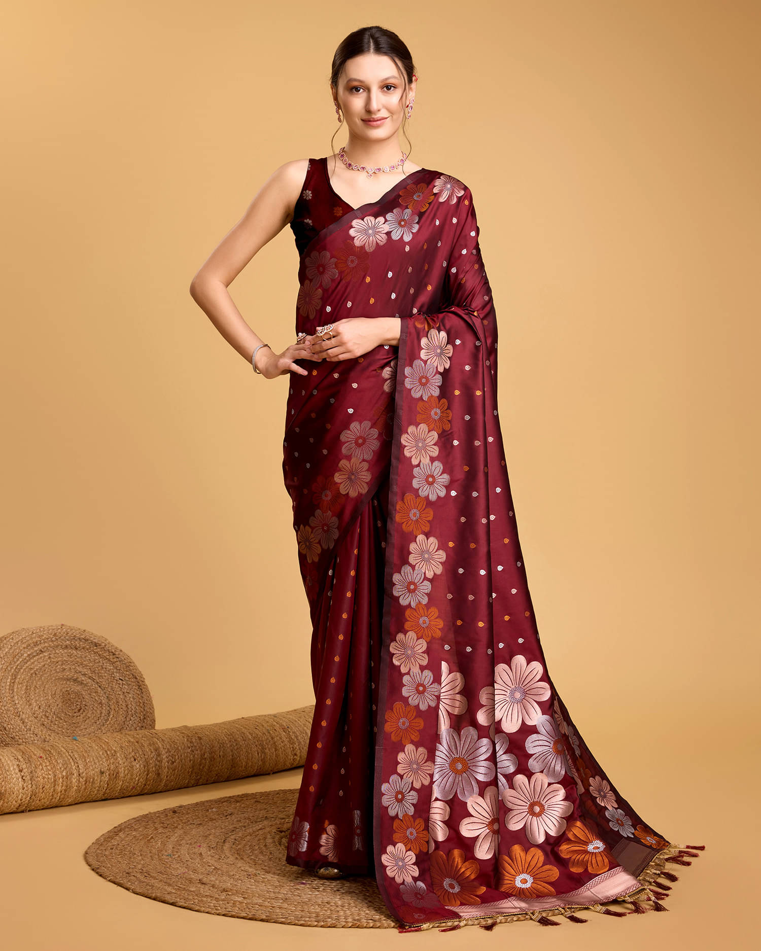 Varni Fabrics Art Silk Printed Banarasi saree With Unstitched Blouse Piece ( Maroon ) Varni Fabrics Art Silk Printed Banarasi saree With Unstitched Blouse Piece ( Maroon )