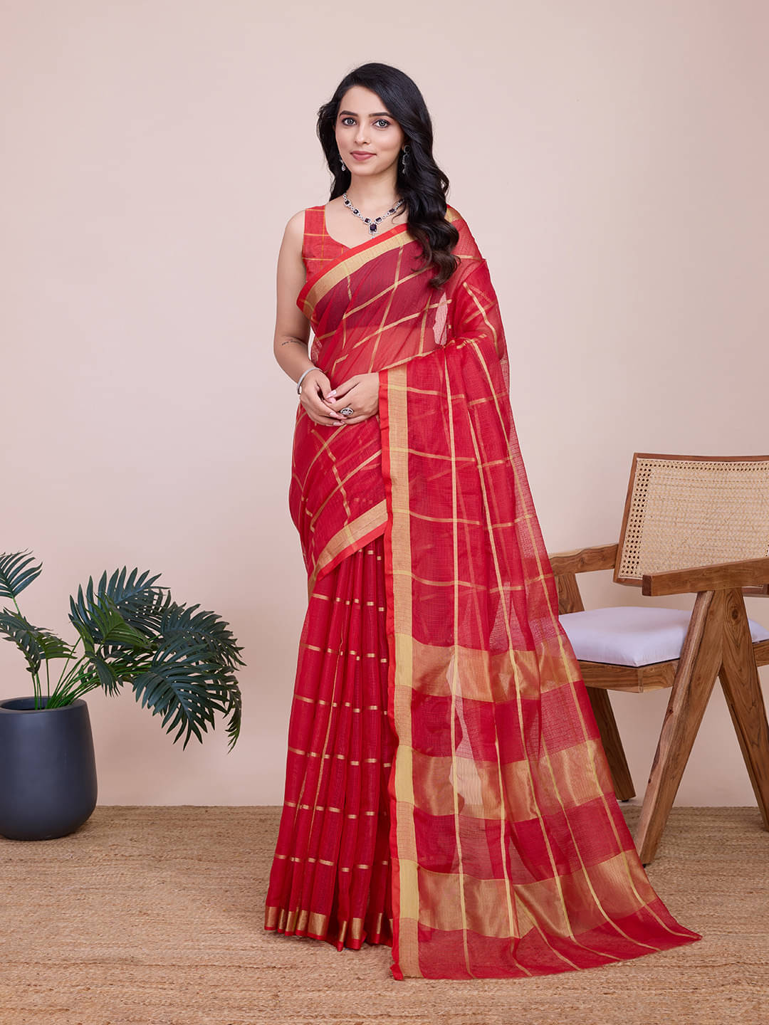 Varni Fabrics Cotton Blend Checks Kota Doria Saree With Unstitched Blouse Piece ( Red ) Varni Fabrics Cotton Blend Checks Kota Doria Saree With Unstitched Blouse Piece ( Red )