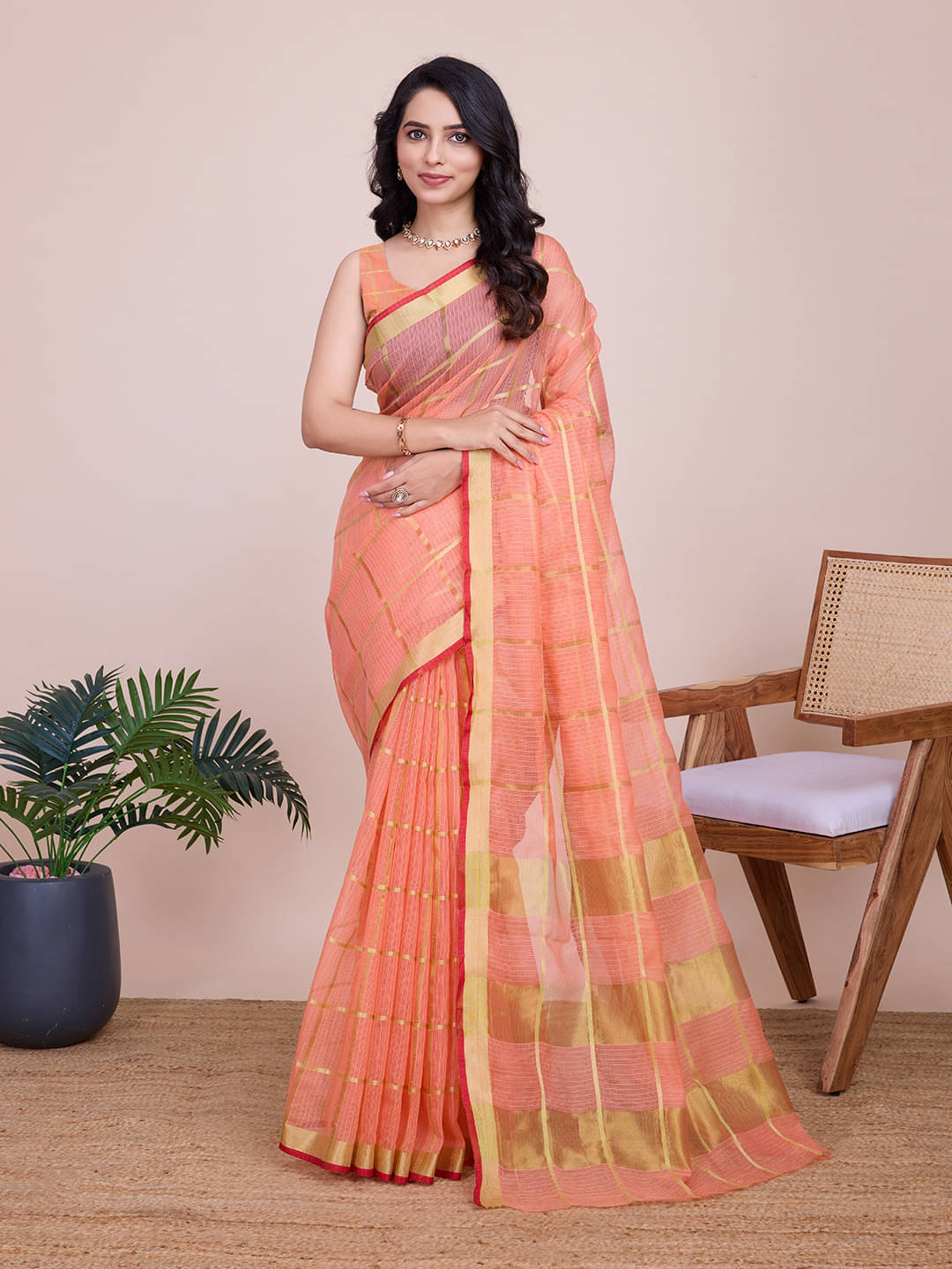 Varni Fabrics Cotton Blend Checks Kota Doria Saree With Unstitched Blouse Piece ( Peach ) Varni Fabrics Cotton Blend Checks Kota Doria Saree With Unstitched Blouse Piece ( Peach )