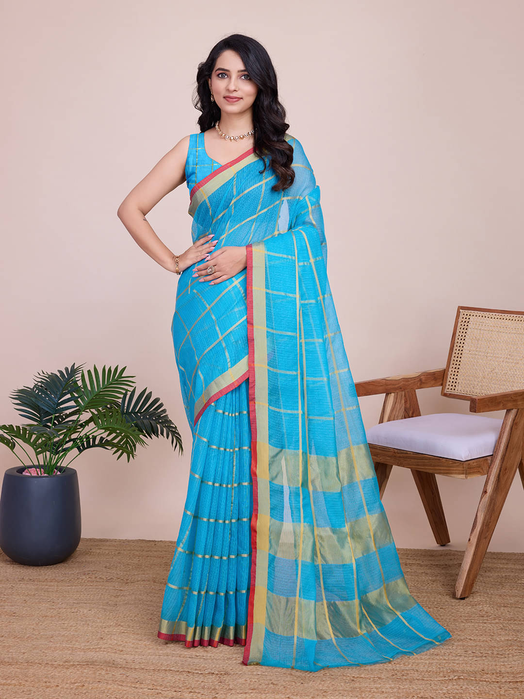     			Varni Fabrics Cotton Blend Checks Kota Doria Saree With Unstitched Blouse Piece ( Light Blue )