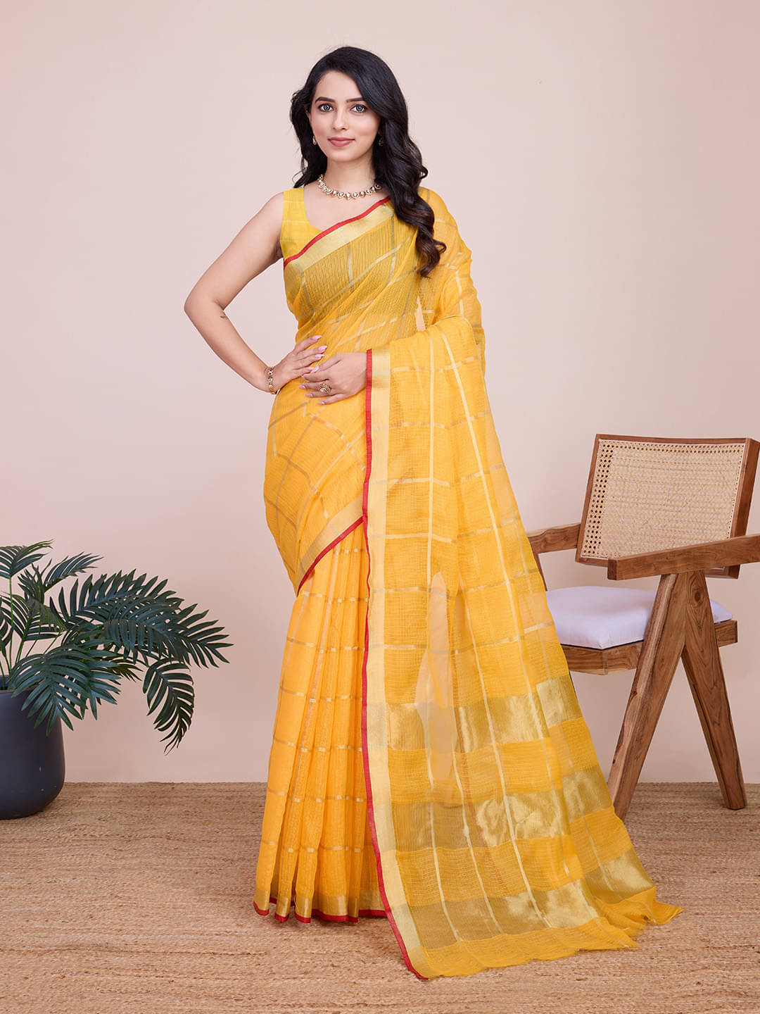 Varni Fabrics Cotton Blend Checks Kota Doria Saree With Unstitched Blouse Piece ( Yellow ) Varni Fabrics Cotton Blend Checks Kota Doria Saree With Unstitched Blouse Piece ( Yellow )