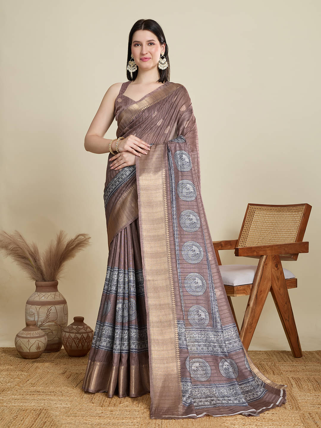 Varni Fabrics Cotton Blend Printed Kota Doria Saree With Unstitched Blouse Piece ( Coffee ) Varni Fabrics Cotton Blend Printed Kota Doria Saree With Unstitched Blouse Piece ( Coffee )