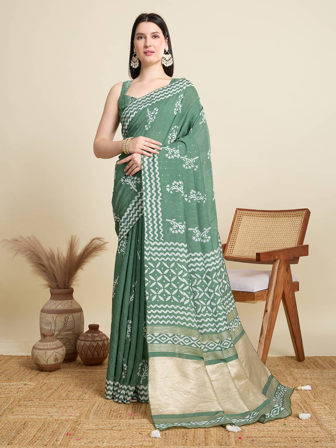     			Varni Fabrics Cotton Blend Printed Kota Doria Saree With Unstitched Blouse Piece ( Teal )
