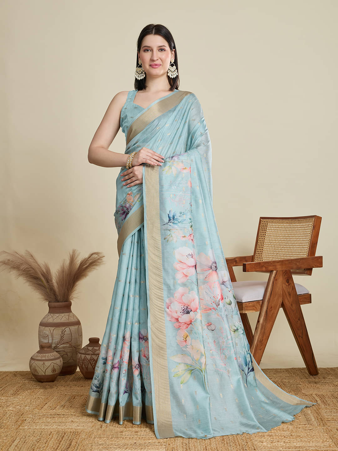     			Varni Fabrics Cotton Blend Printed Kota Doria Saree With Unstitched Blouse Piece ( Light Blue )