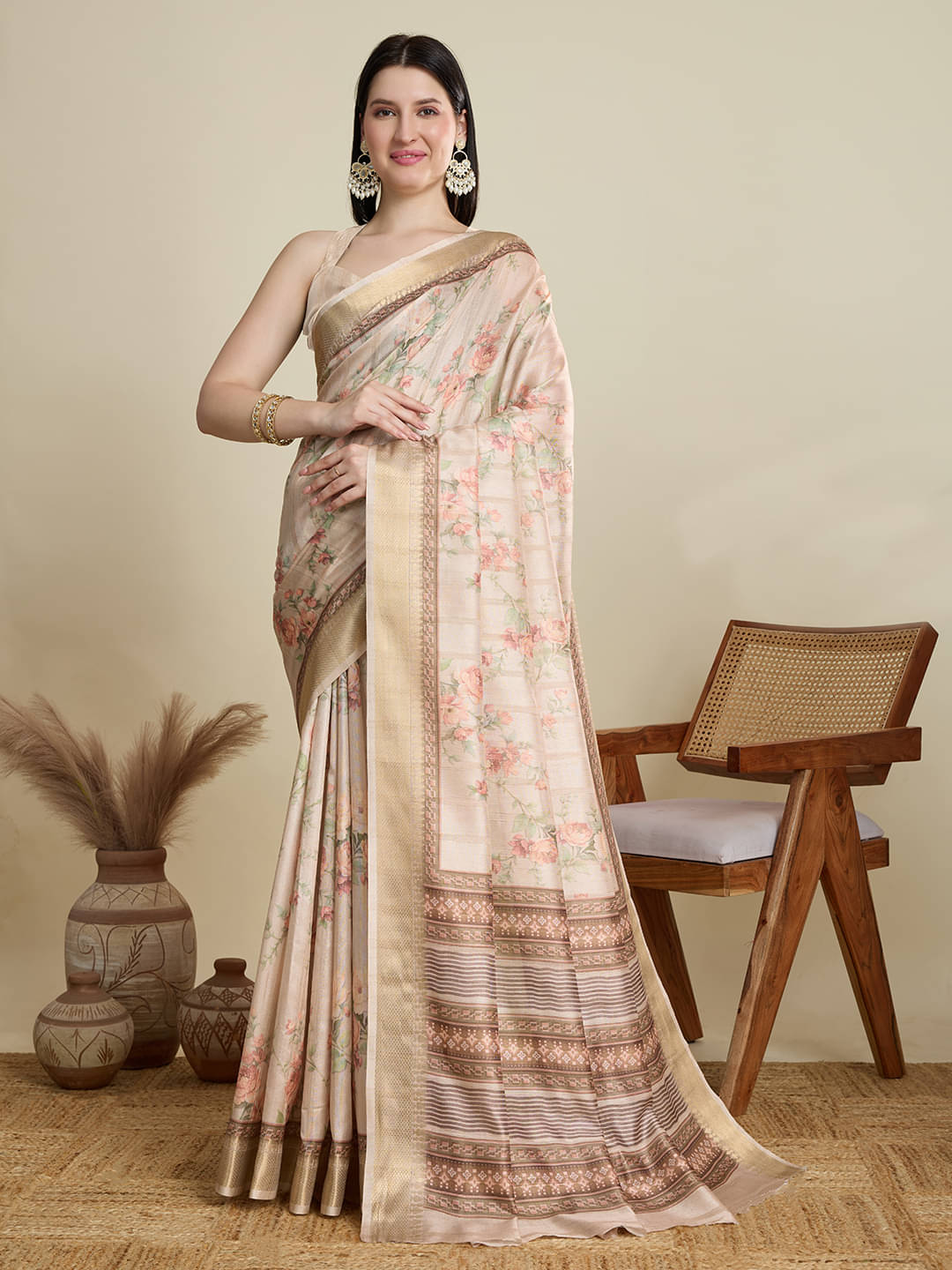 Varni Fabrics Cotton Blend Printed Kota Doria Saree With Unstitched Blouse Piece ( Beige ) Varni Fabrics Cotton Blend Printed Kota Doria Saree With Unstitched Blouse Piece ( Beige )