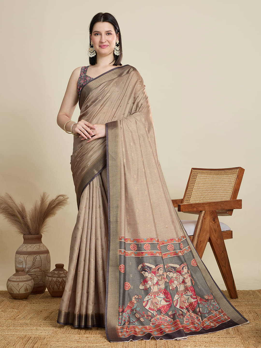 Varni Fabrics Cotton Blend Printed Kota Doria Saree With Unstitched Blouse Piece ( Brown ) Varni Fabrics Cotton Blend Printed Kota Doria Saree With Unstitched Blouse Piece ( Brown )