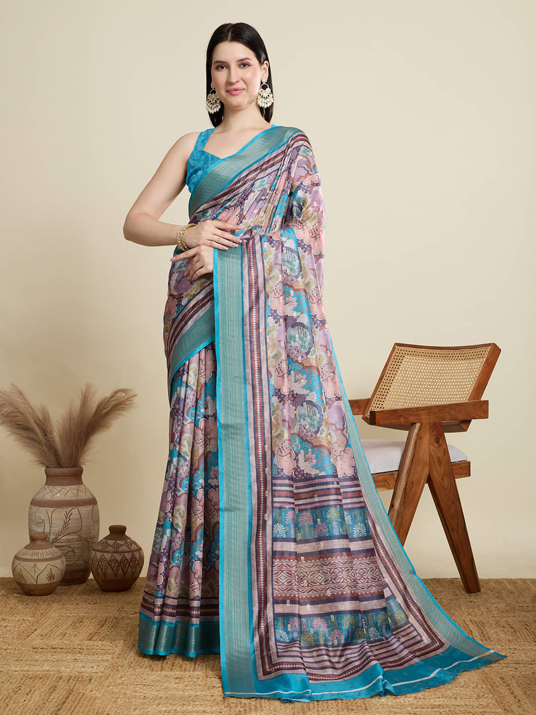Varni Fabrics Cotton Blend Printed Kota Doria Saree With Unstitched Blouse Piece ( Blue ) Varni Fabrics Cotton Blend Printed Kota Doria Saree With Unstitched Blouse Piece ( Blue )