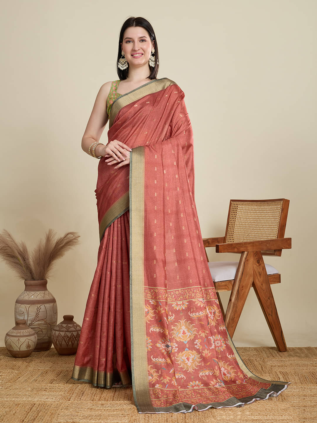 Varni Fabrics Cotton Blend Printed Kota Doria Saree With Unstitched Blouse Piece ( Orange ) Varni Fabrics Cotton Blend Printed Kota Doria Saree With Unstitched Blouse Piece ( Orange )