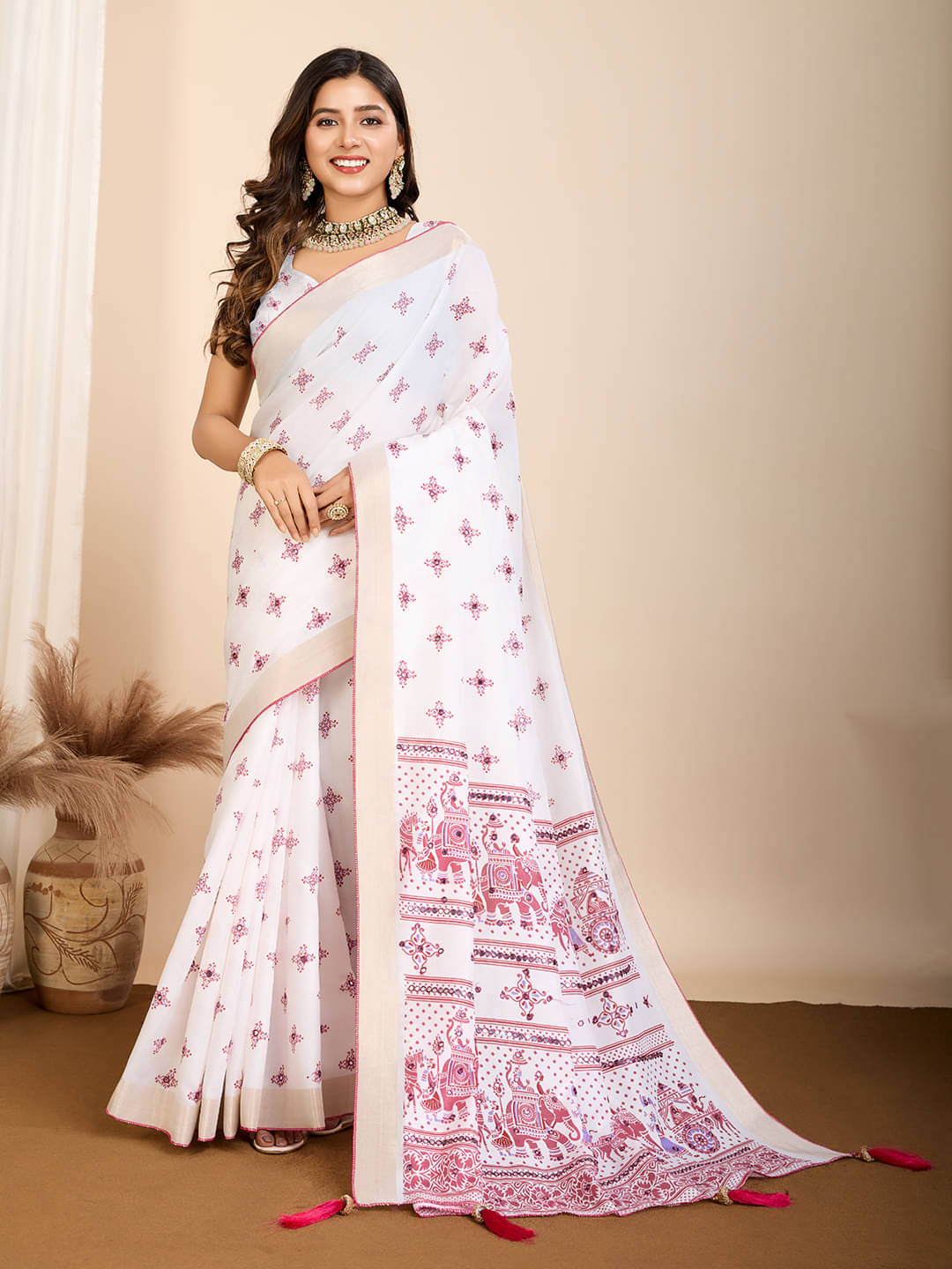 Varni Fabrics Cotton Blend Printed Kota Doria Saree With Unstitched Blouse Piece ( Pink ) Varni Fabrics Cotton Blend Printed Kota Doria Saree With Unstitched Blouse Piece ( Pink )