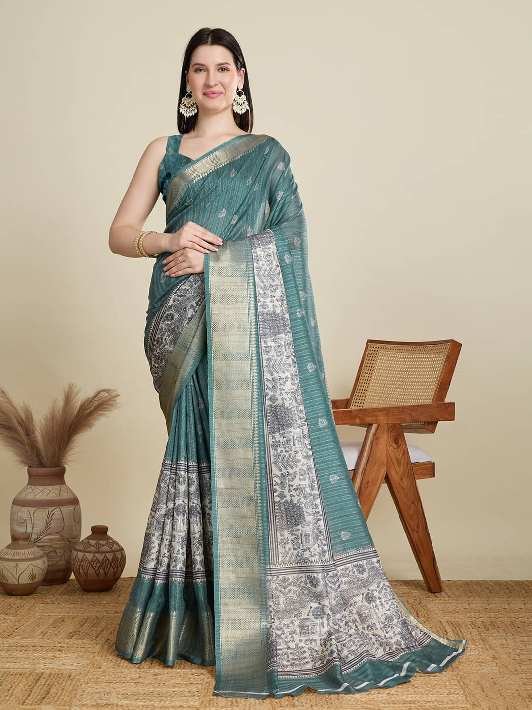 Varni Fabrics Cotton Blend Printed Kota Doria Saree With Unstitched Blouse Piece ( Teal ) Varni Fabrics Cotton Blend Printed Kota Doria Saree With Unstitched Blouse Piece ( Teal )