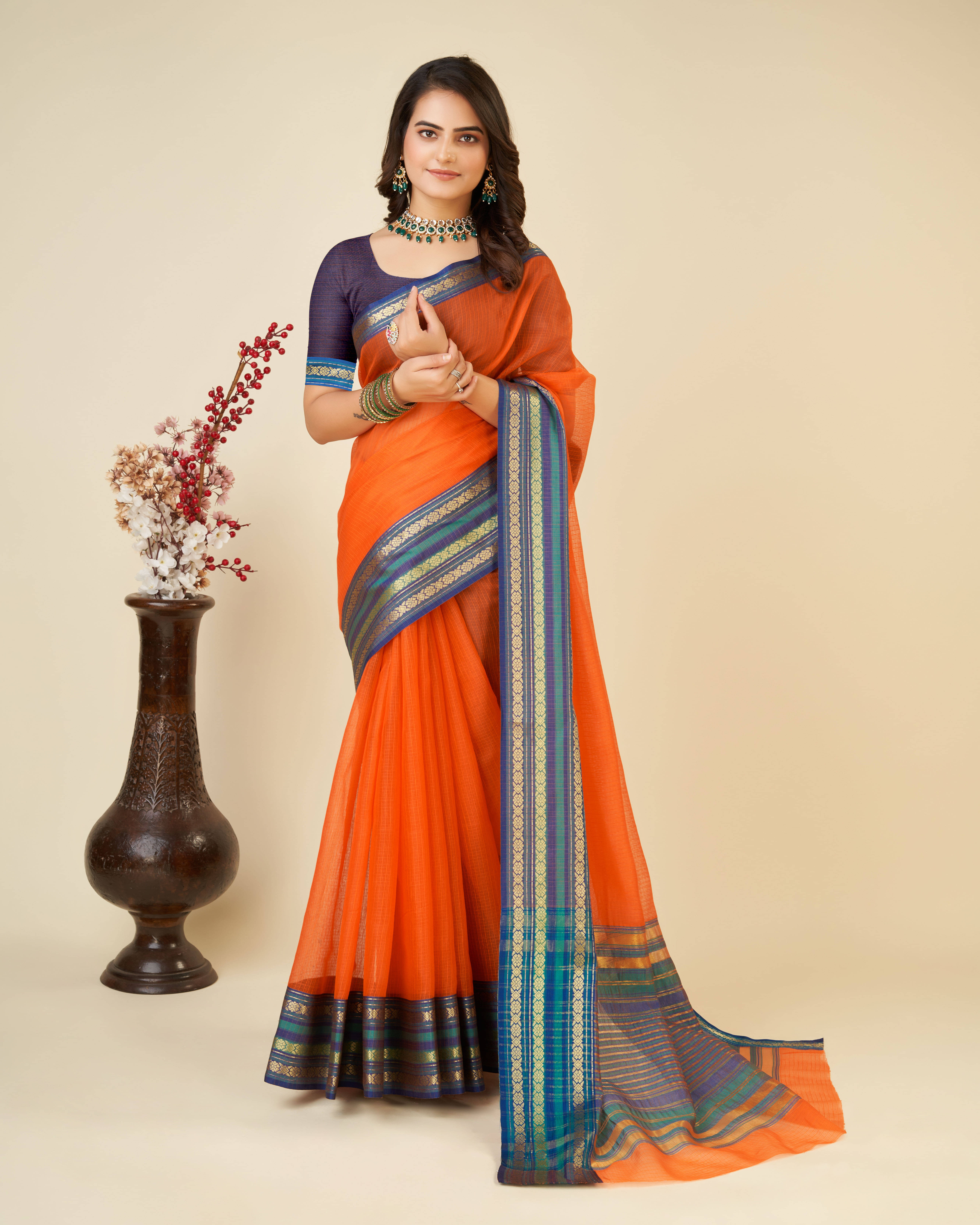Varni Fabrics Cotton Blend Solid Kota Doria Saree With Unstitched Blouse Piece ( Orange )     			Varni Fabrics Cotton Blend Solid Kota Doria Saree With Unstitched Blouse Piece ( Orange )
