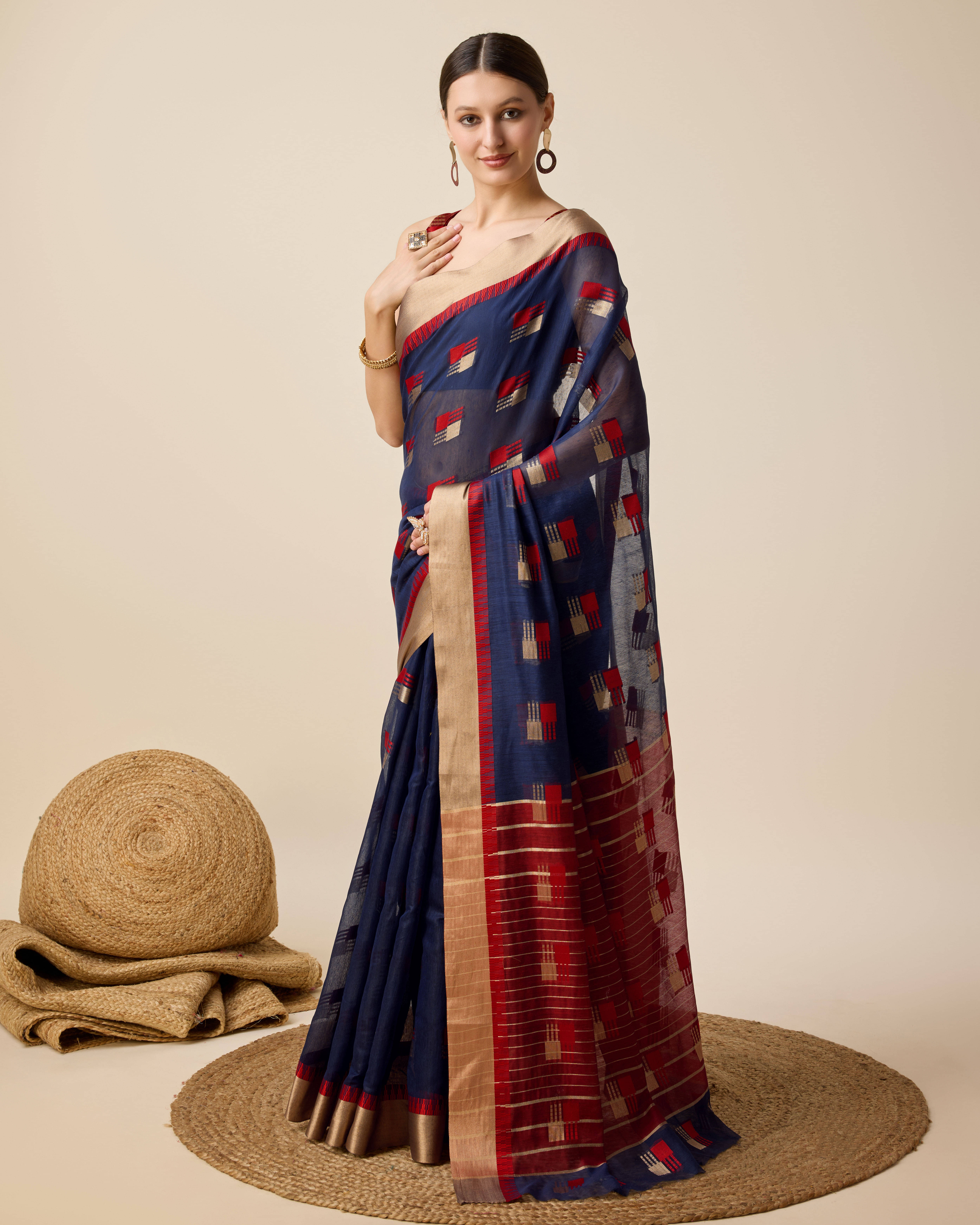 Varni Fabrics Cotton Blend Solid Kota Doria Saree With Unstitched Blouse Piece ( Navy Blue )     			Varni Fabrics Cotton Blend Solid Kota Doria Saree With Unstitched Blouse Piece ( Navy Blue )