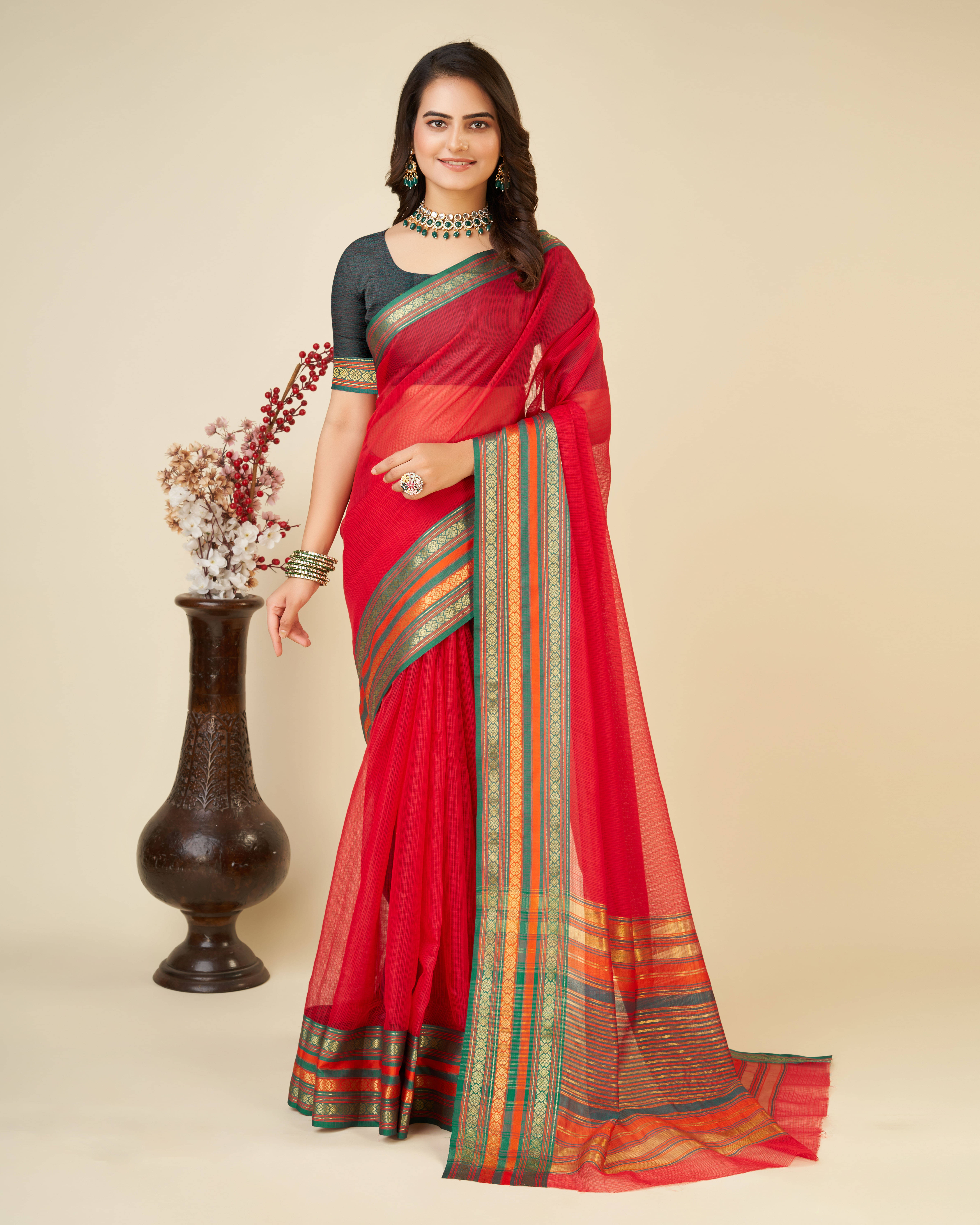 Varni Fabrics Cotton Blend Solid Kota Doria Saree With Unstitched Blouse Piece ( Red ) Varni Fabrics Cotton Blend Solid Kota Doria Saree With Unstitched Blouse Piece ( Red )