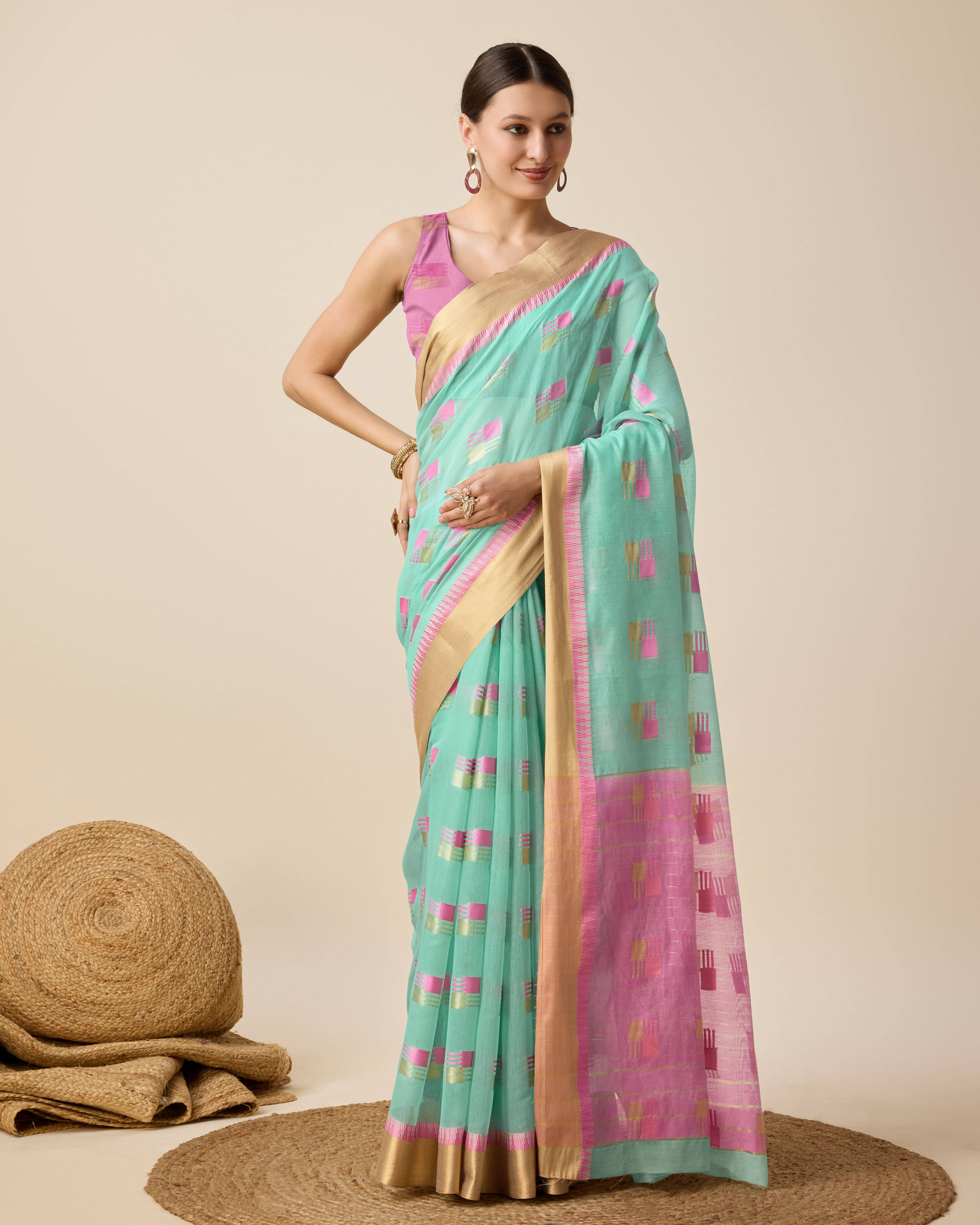     			Varni Fabrics Cotton Blend Solid Kota Doria Saree With Unstitched Blouse Piece ( Light Blue )