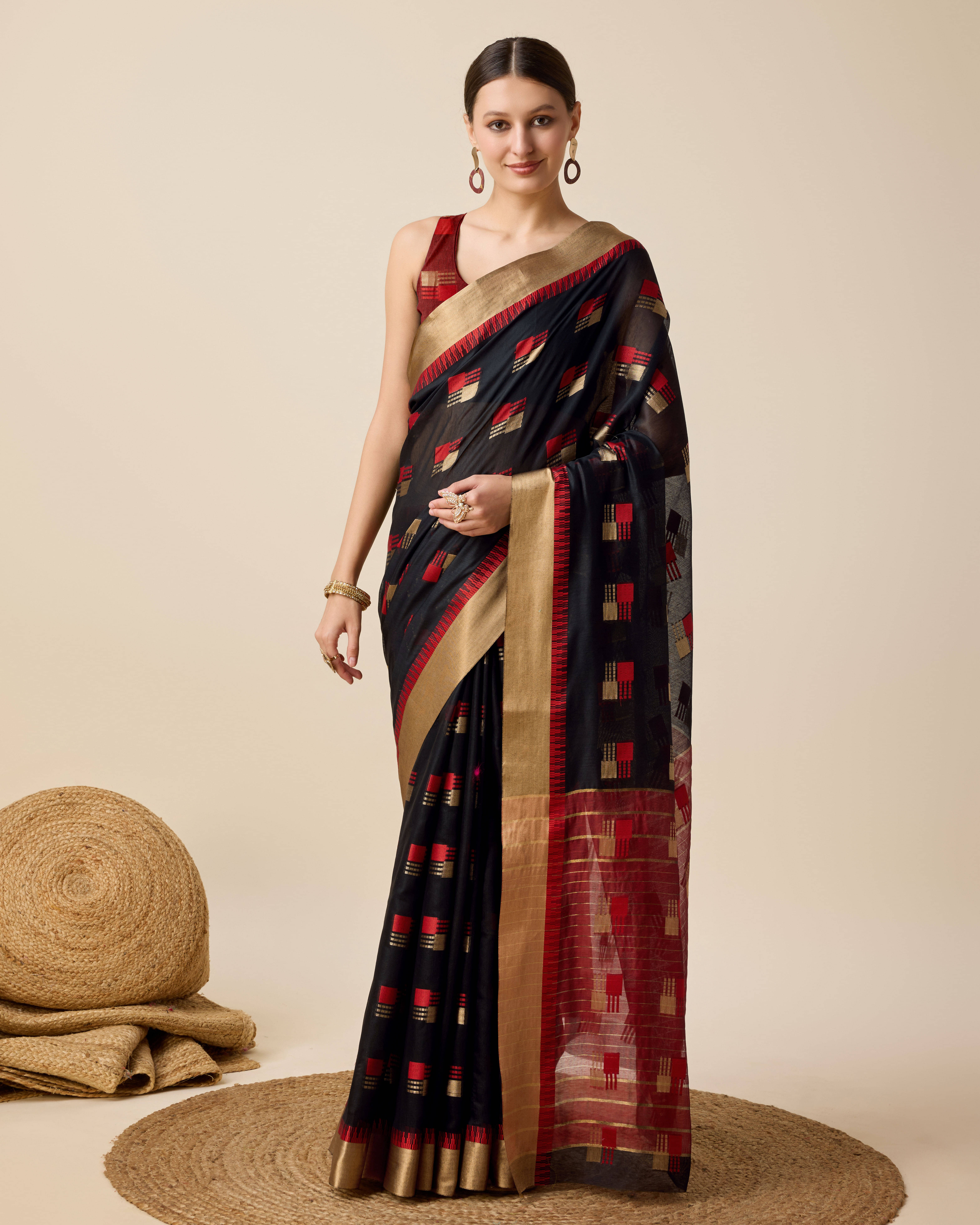 Varni Fabrics Cotton Blend Woven Kota Doria Saree With Unstitched Blouse Piece ( Black ) Varni Fabrics Cotton Blend Woven Kota Doria Saree With Unstitched Blouse Piece ( Black )