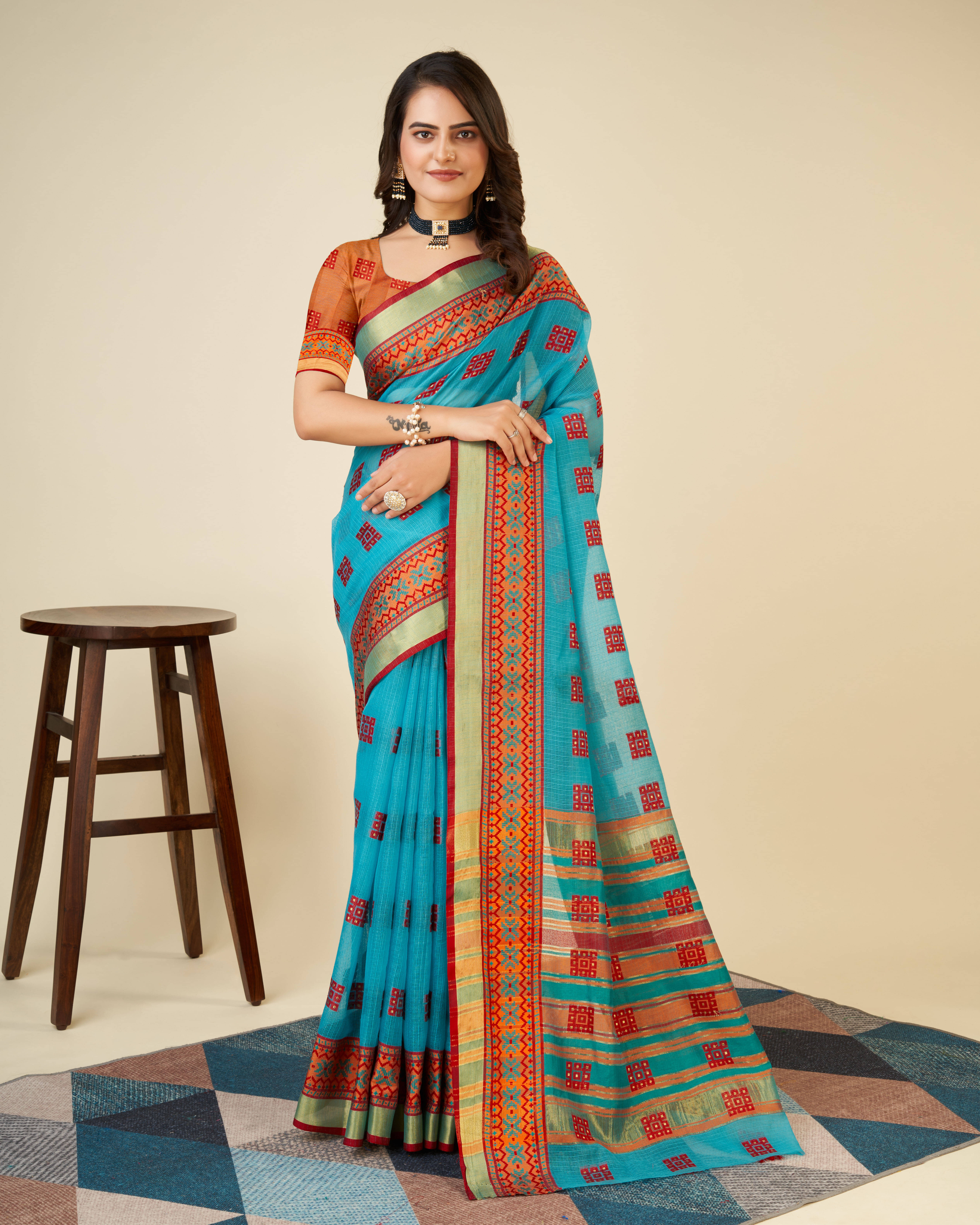 Varni Fabrics Cotton Blend Woven Kota Doria Saree With Unstitched Blouse Piece ( Light Blue )     			Varni Fabrics Cotton Blend Woven Kota Doria Saree With Unstitched Blouse Piece ( Light Blue )