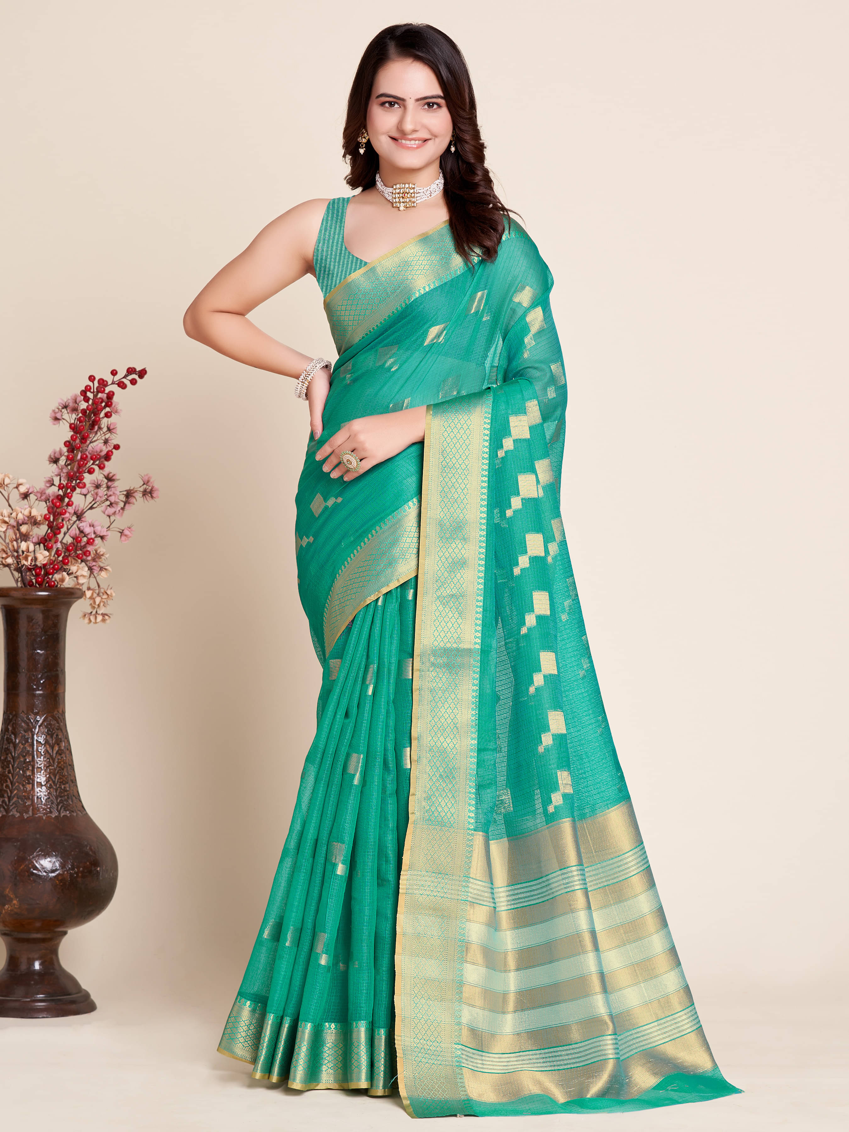     			Varni Fabrics Cotton Blend Woven Banarasi saree With Unstitched Blouse Piece ( Teal )