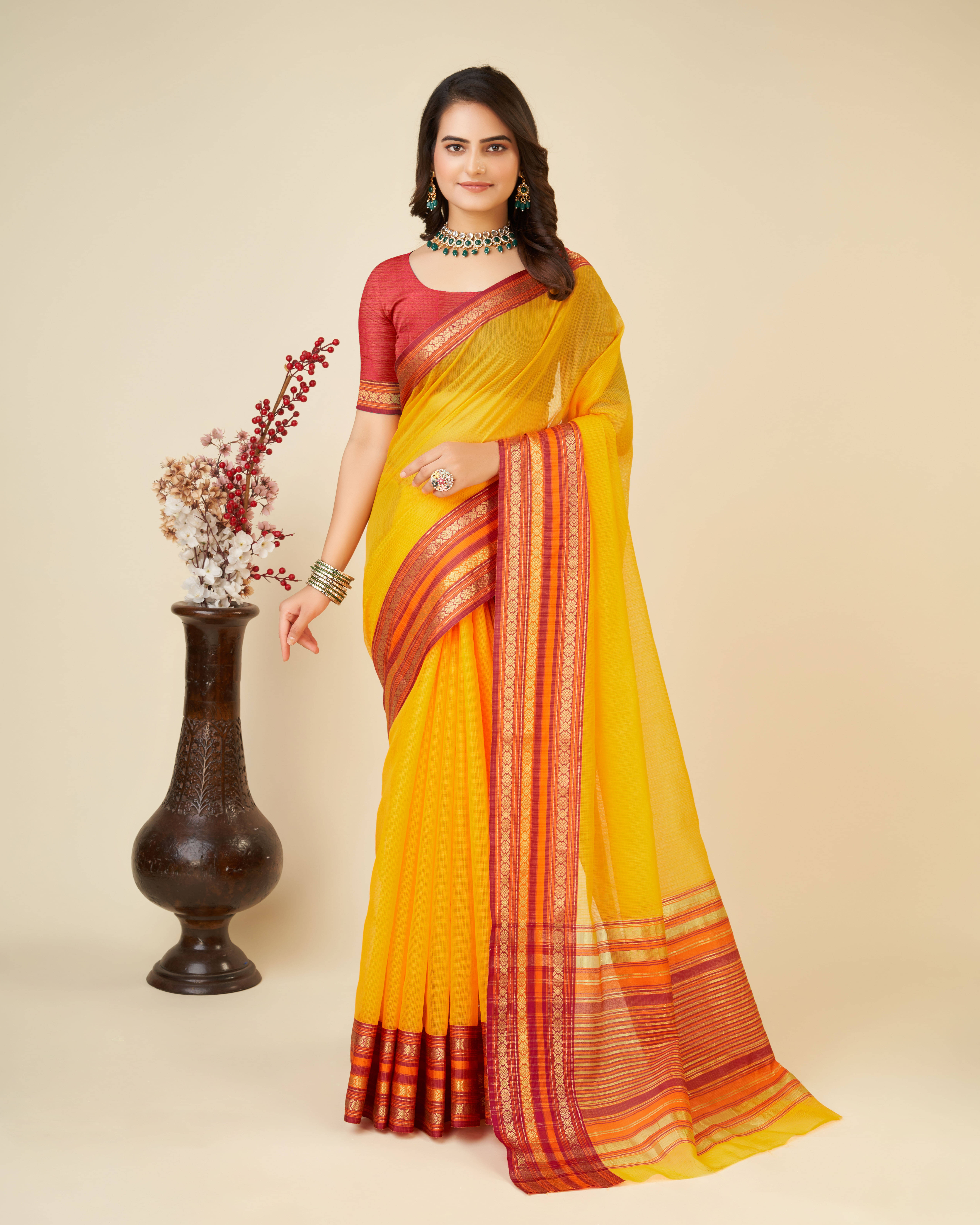 Varni Fabrics Cotton Blend Woven Kota Doria Saree With Unstitched Blouse Piece ( Yellow )     			Varni Fabrics Cotton Blend Woven Kota Doria Saree With Unstitched Blouse Piece ( Yellow )