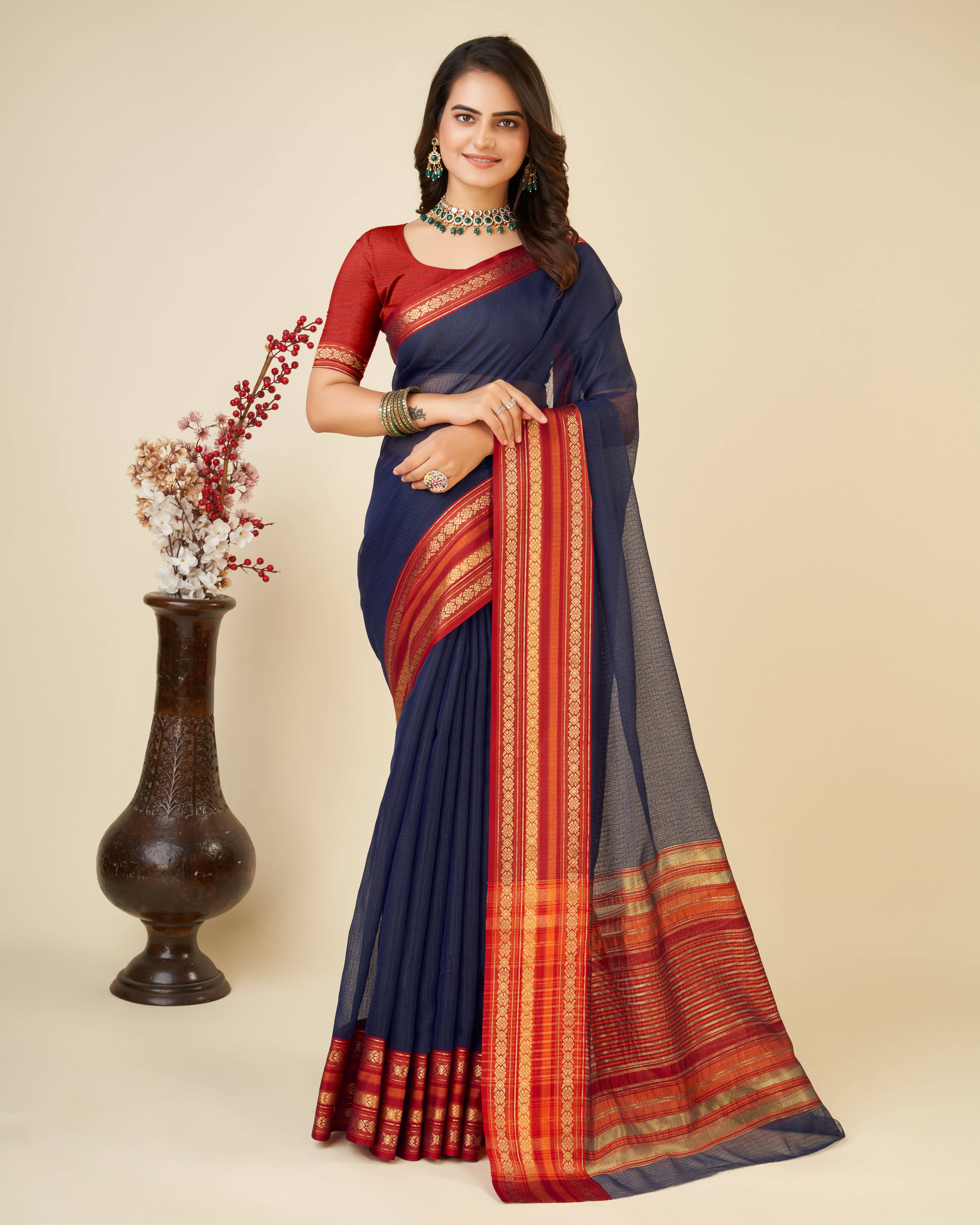     			Varni Fabrics Cotton Blend Woven Kota Doria Saree With Unstitched Blouse Piece ( Navy Blue )