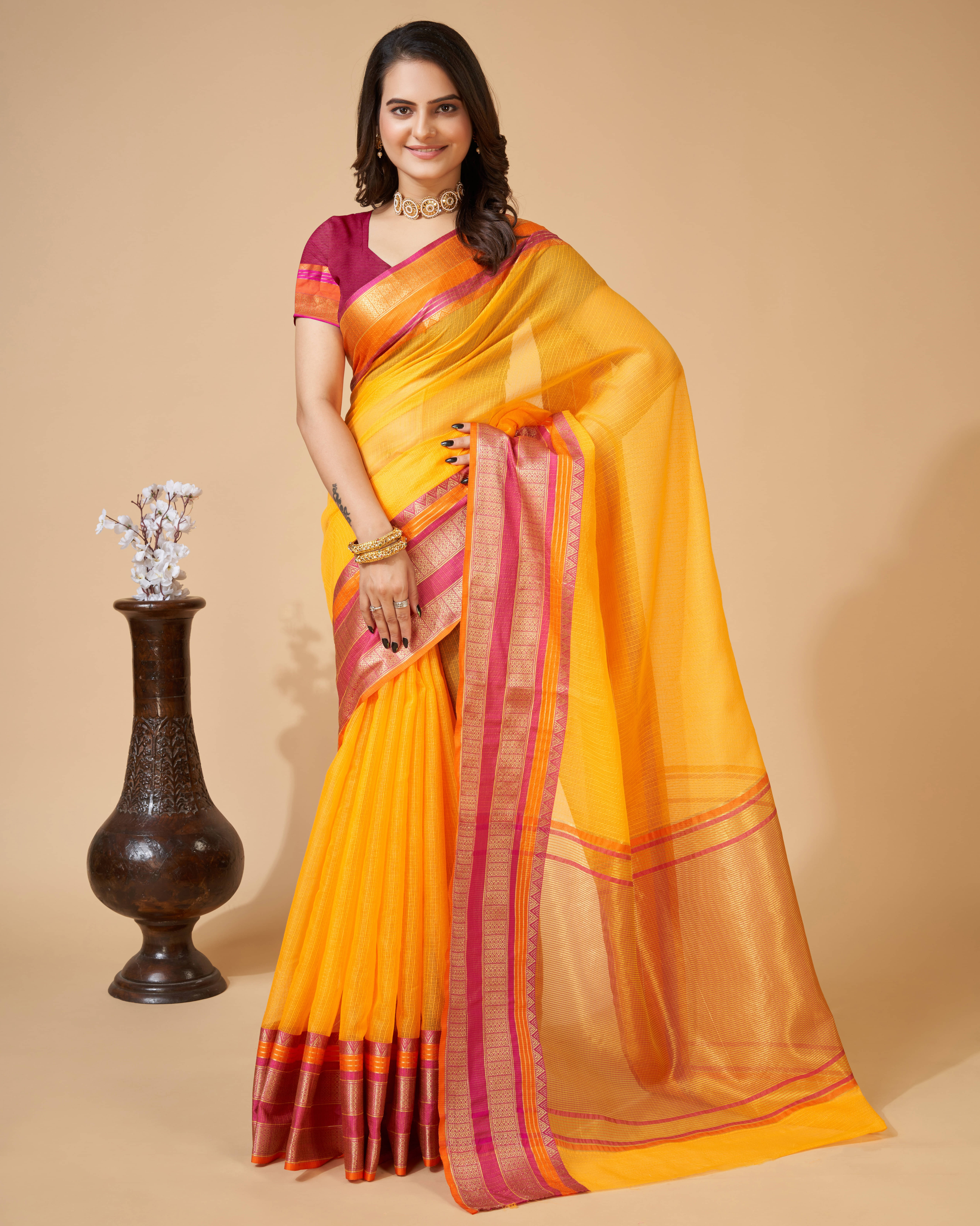 Varni Fabrics Cotton Blend Woven Kota Doria Saree With Unstitched Blouse Piece ( Yellow ) Varni Fabrics Cotton Blend Woven Kota Doria Saree With Unstitched Blouse Piece ( Yellow )