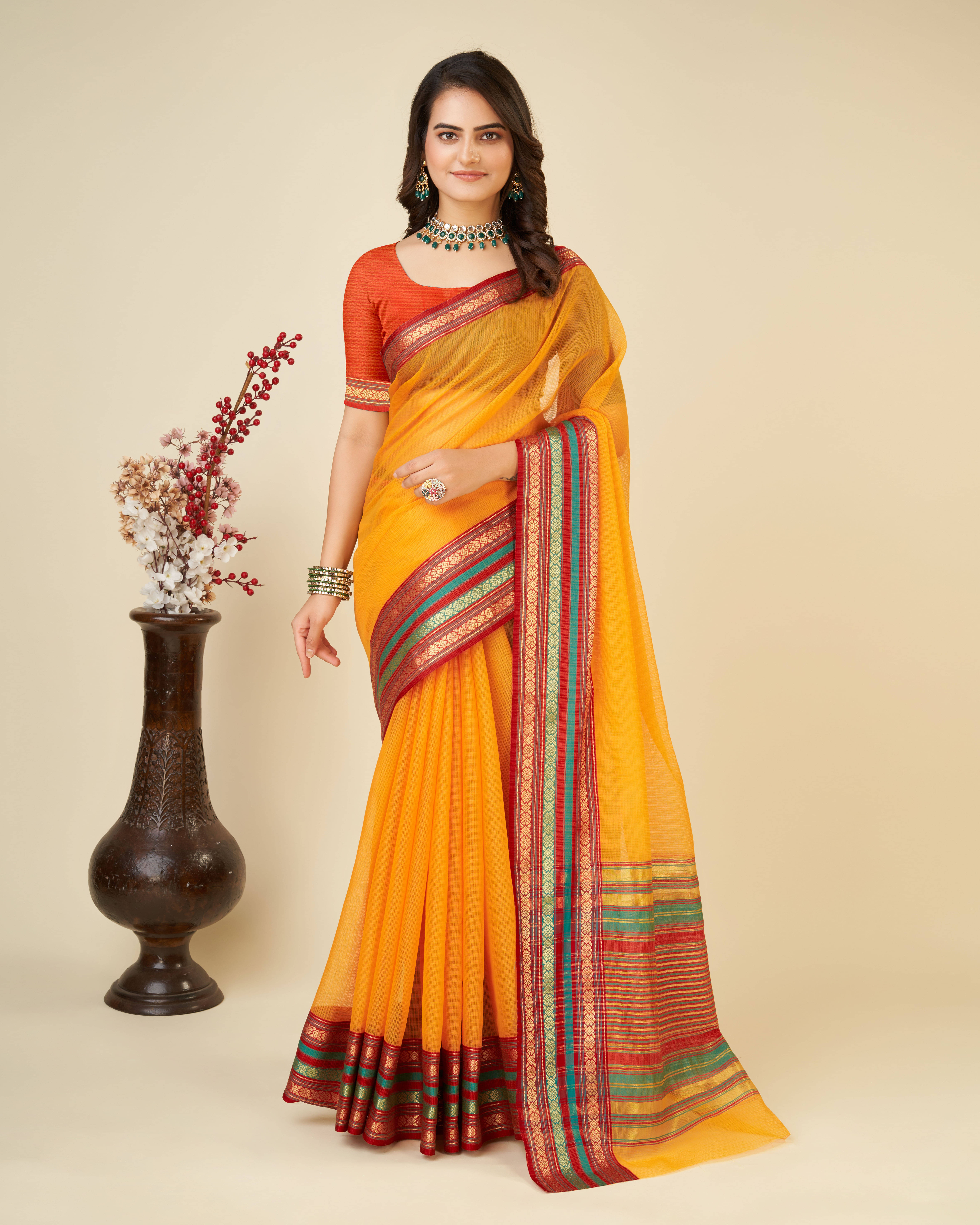 Varni Fabrics Cotton Blend Woven Kota Doria Saree With Unstitched Blouse Piece ( Mustard )     			Varni Fabrics Cotton Blend Woven Kota Doria Saree With Unstitched Blouse Piece ( Mustard )