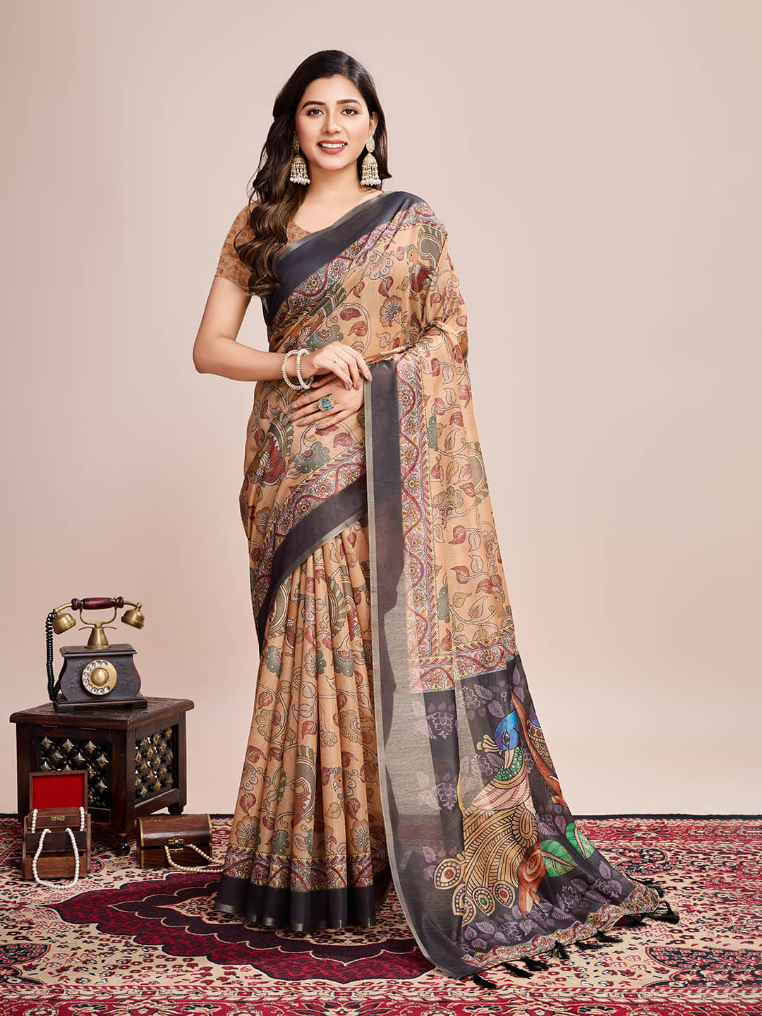     			Varni Fabrics Linen Printed Regular Saree With Unstitched Blouse Piece ( Mustard )