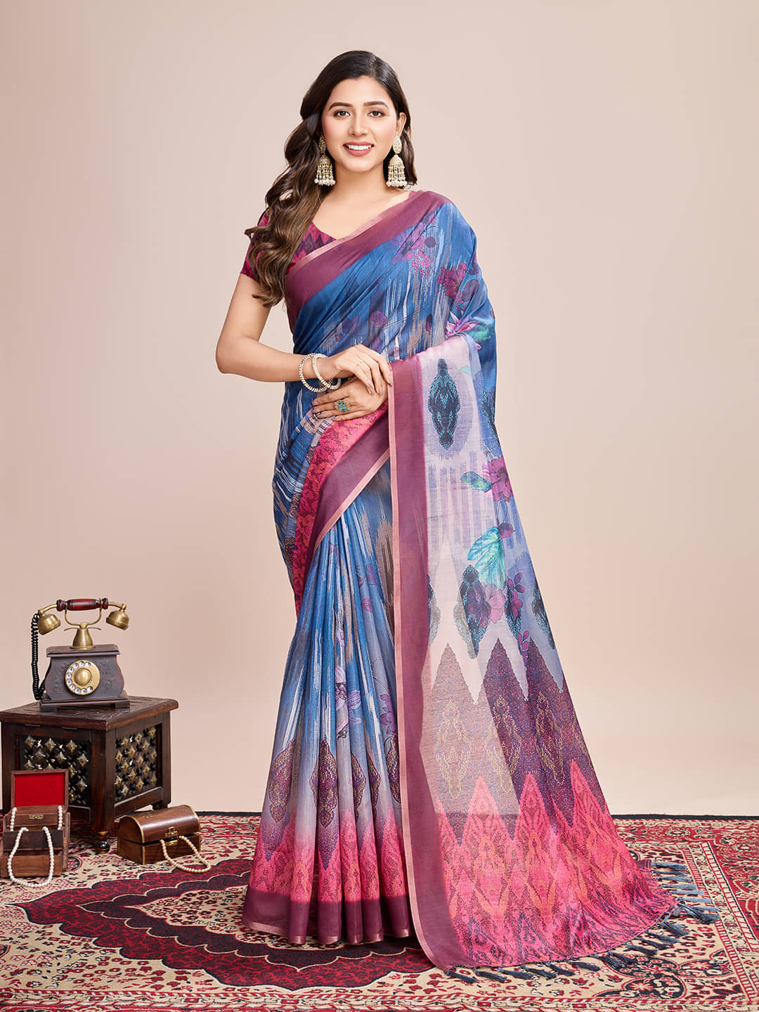     			Varni Fabrics Linen Printed Regular Saree With Unstitched Blouse Piece ( Navy Blue )