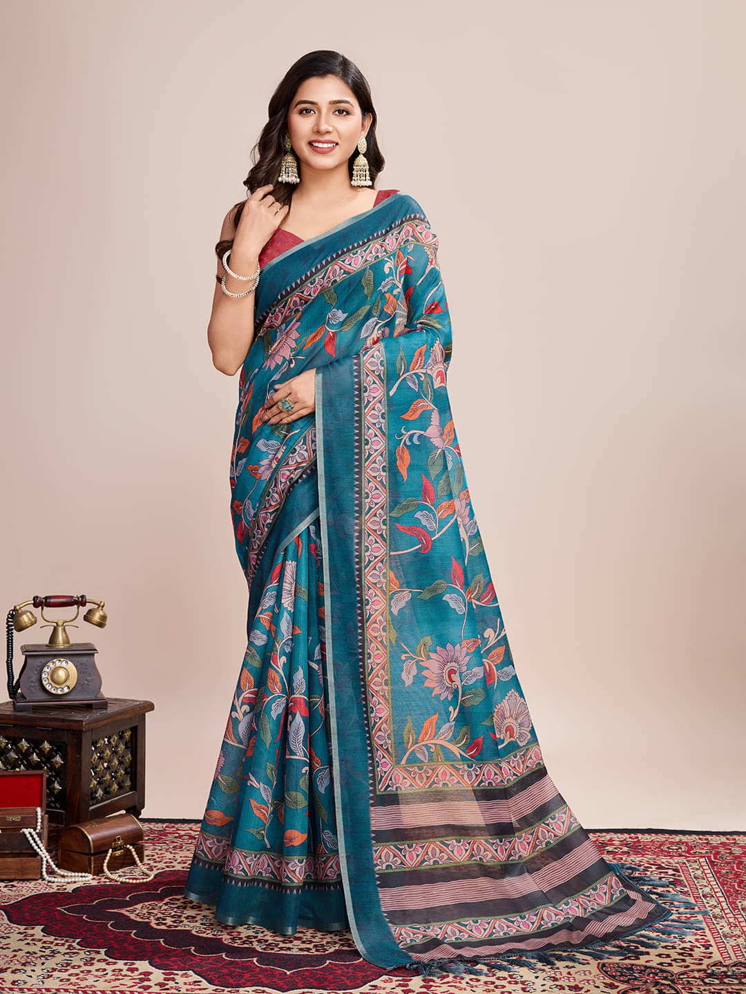     			Varni Fabrics Linen Printed Regular Saree With Unstitched Blouse Piece ( Teal )