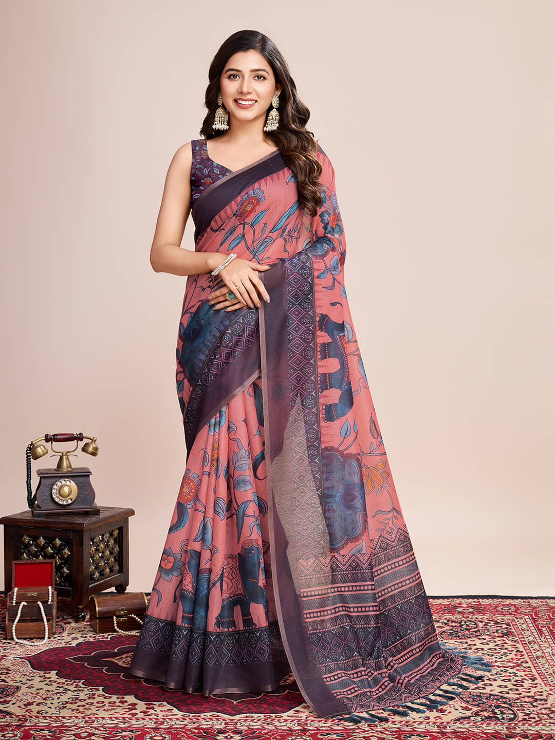     			Varni Fabrics Linen Printed Regular Saree With Unstitched Blouse Piece ( Peach )