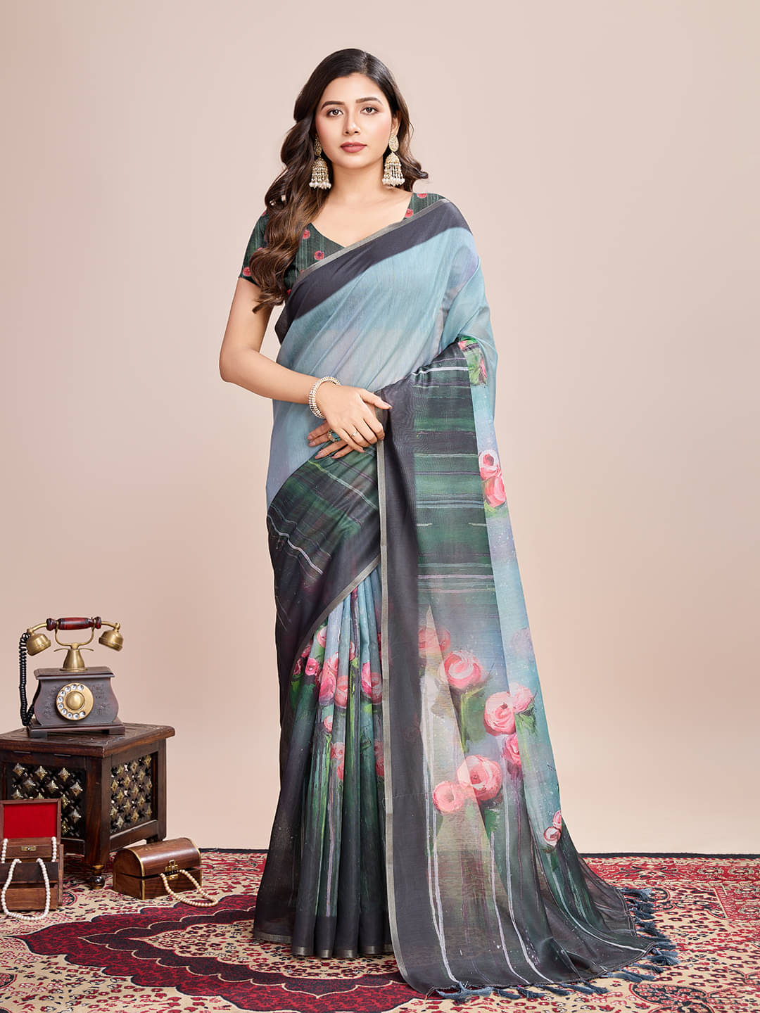     			Varni Fabrics Linen Printed Regular Saree With Unstitched Blouse Piece ( Grey )