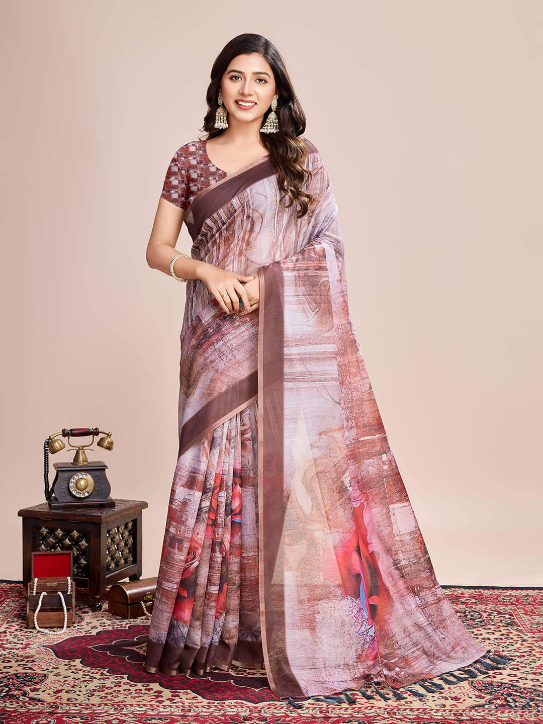     			Varni Fabrics Linen Printed Regular Saree With Unstitched Blouse Piece ( Coffee )