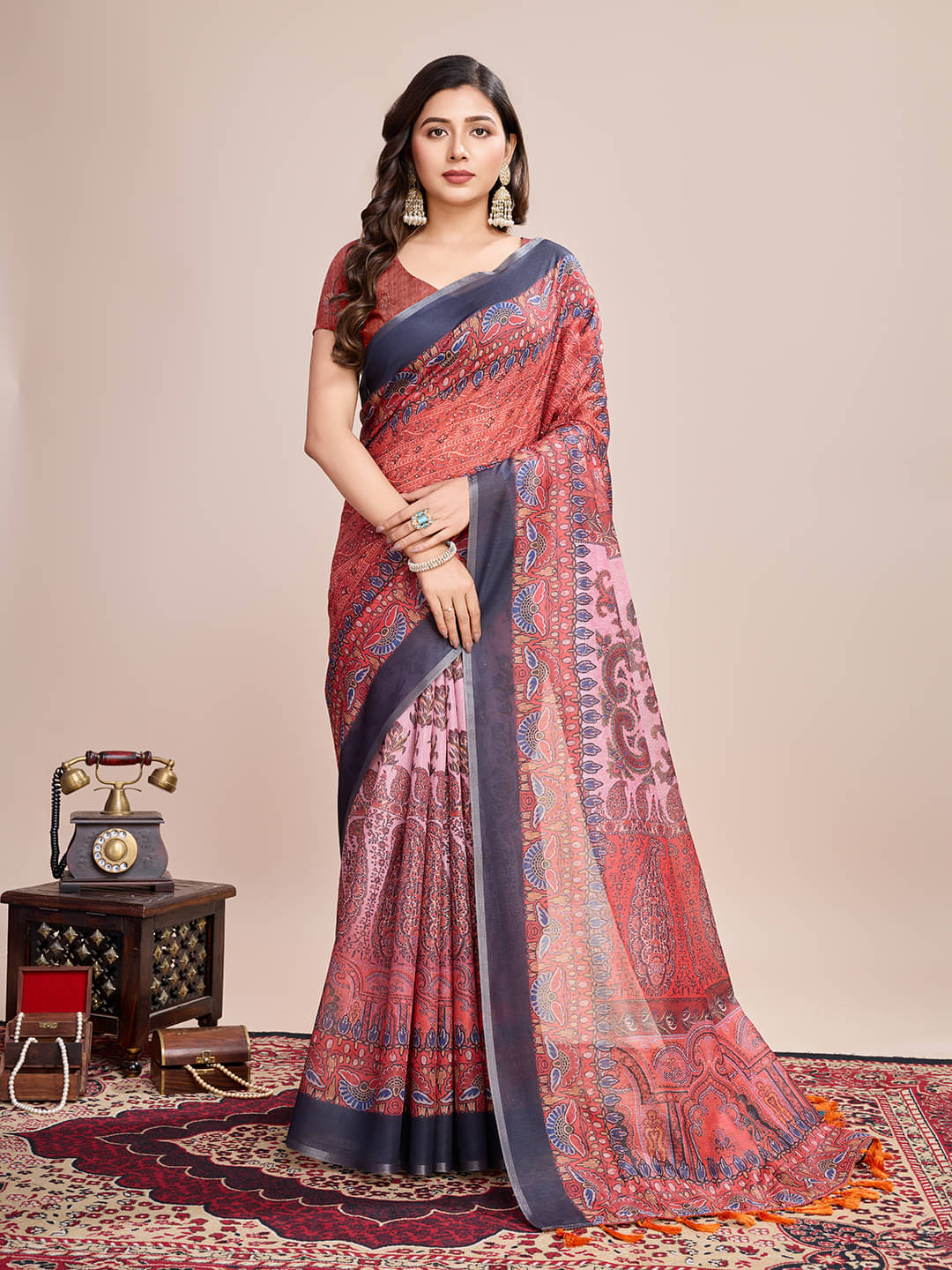     			Varni Fabrics Linen Printed Regular Saree With Unstitched Blouse Piece ( Brown )